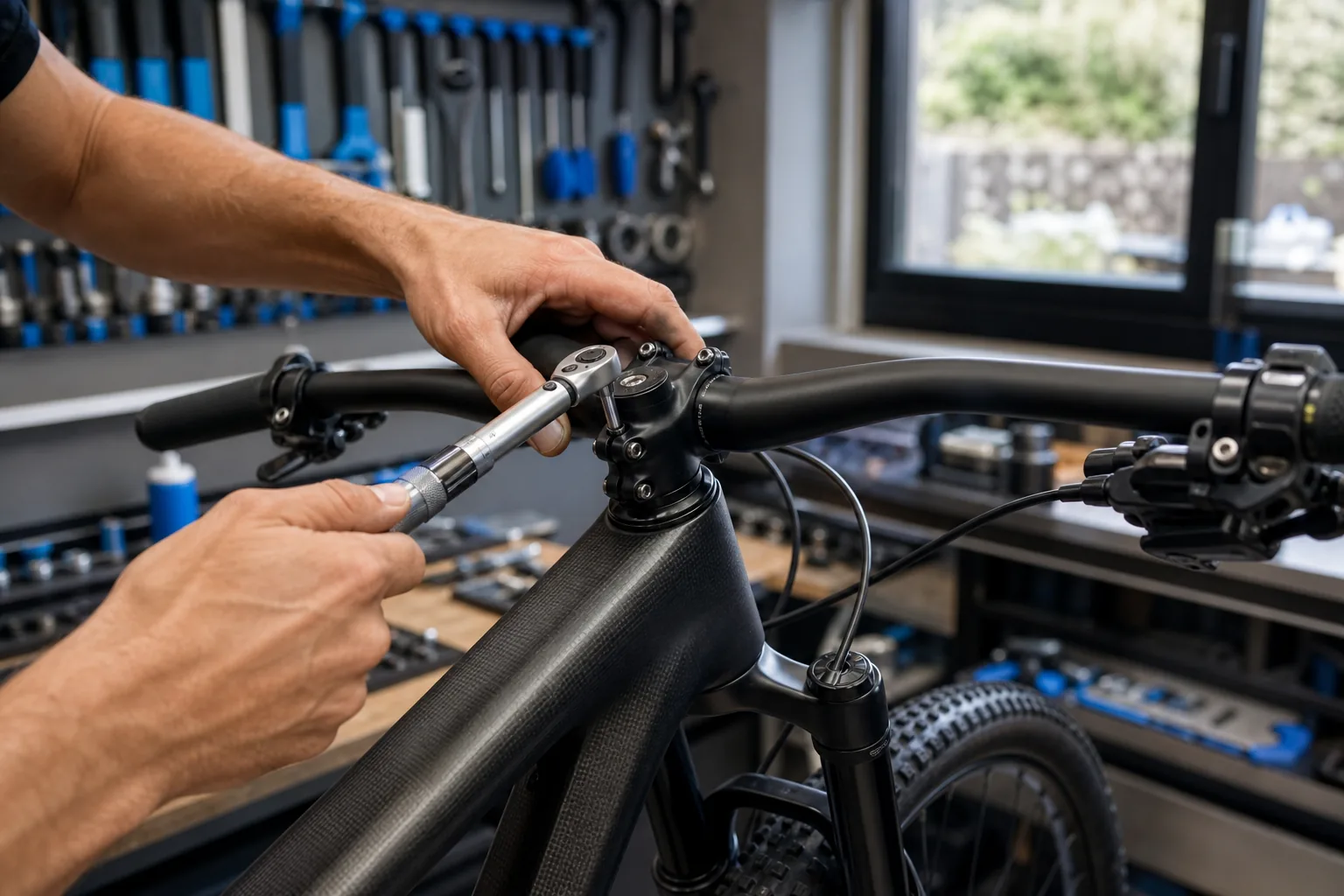 Clé dynamométrique sur une potence carbone de VTT XC en atelier