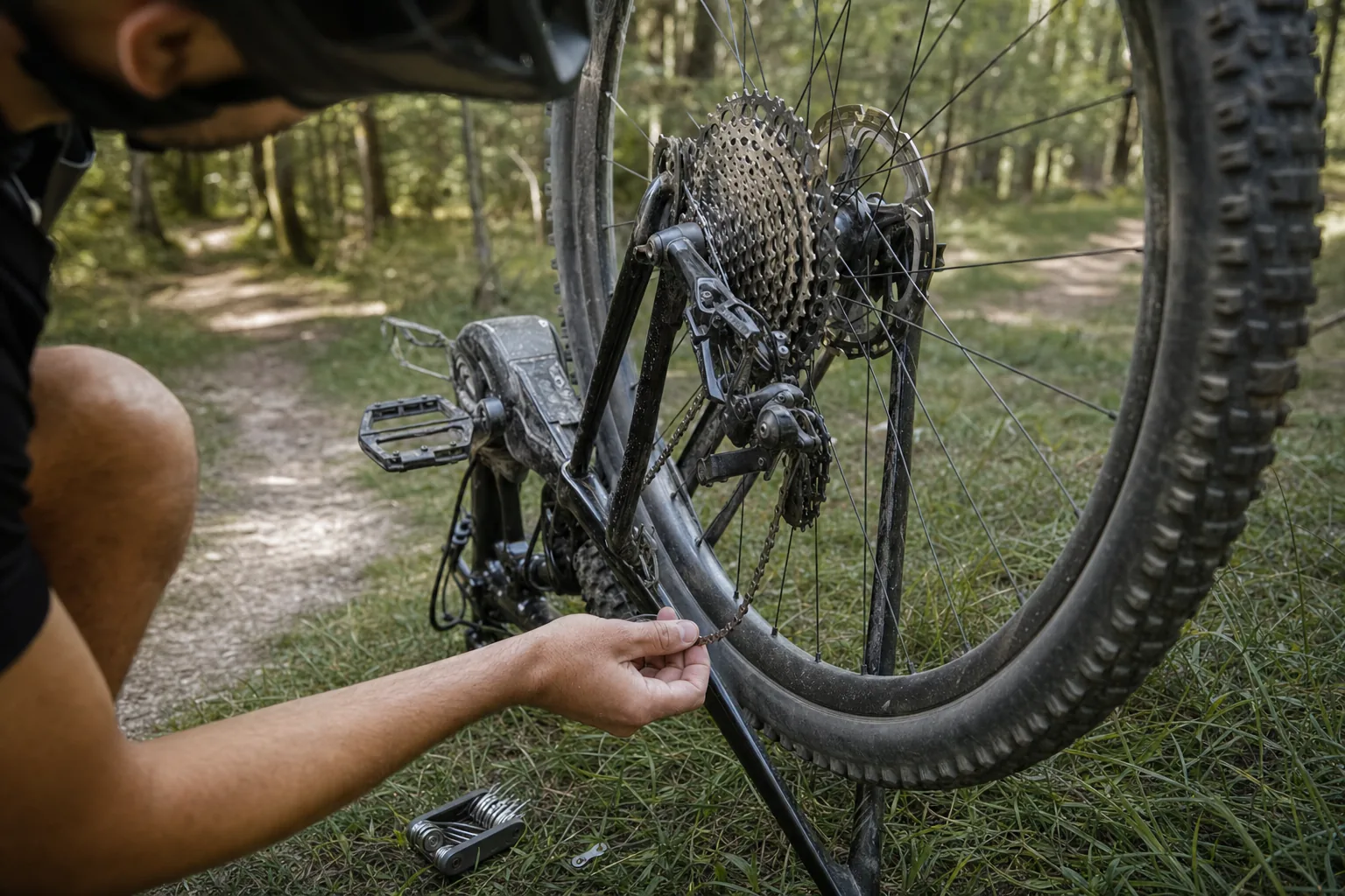 Contrôle d'une chaîne de VTT XC avec maillon rapide au bord d'un sentier