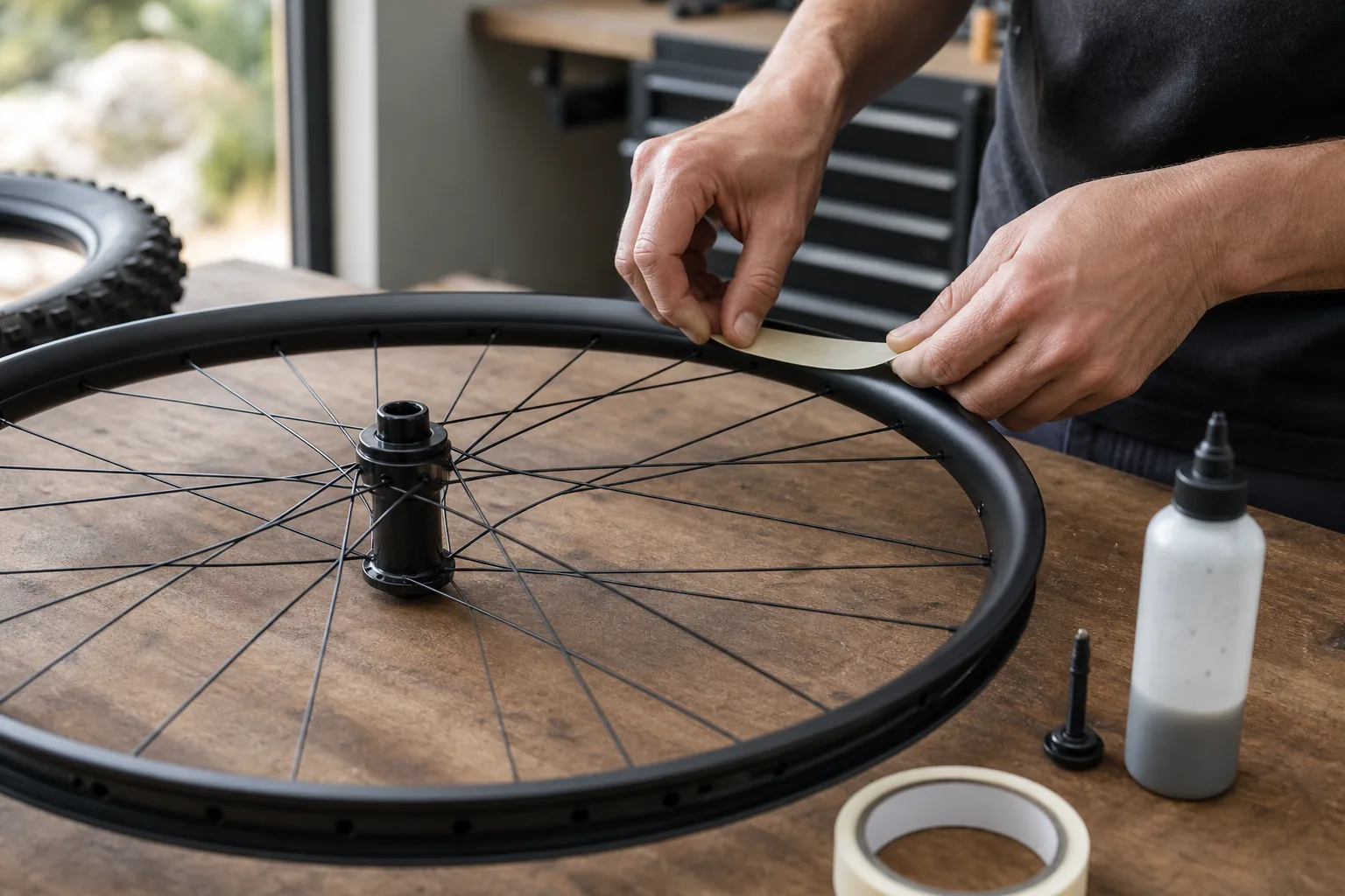 Fond de jante tubeless posé dans une roue de VTT XC en atelier