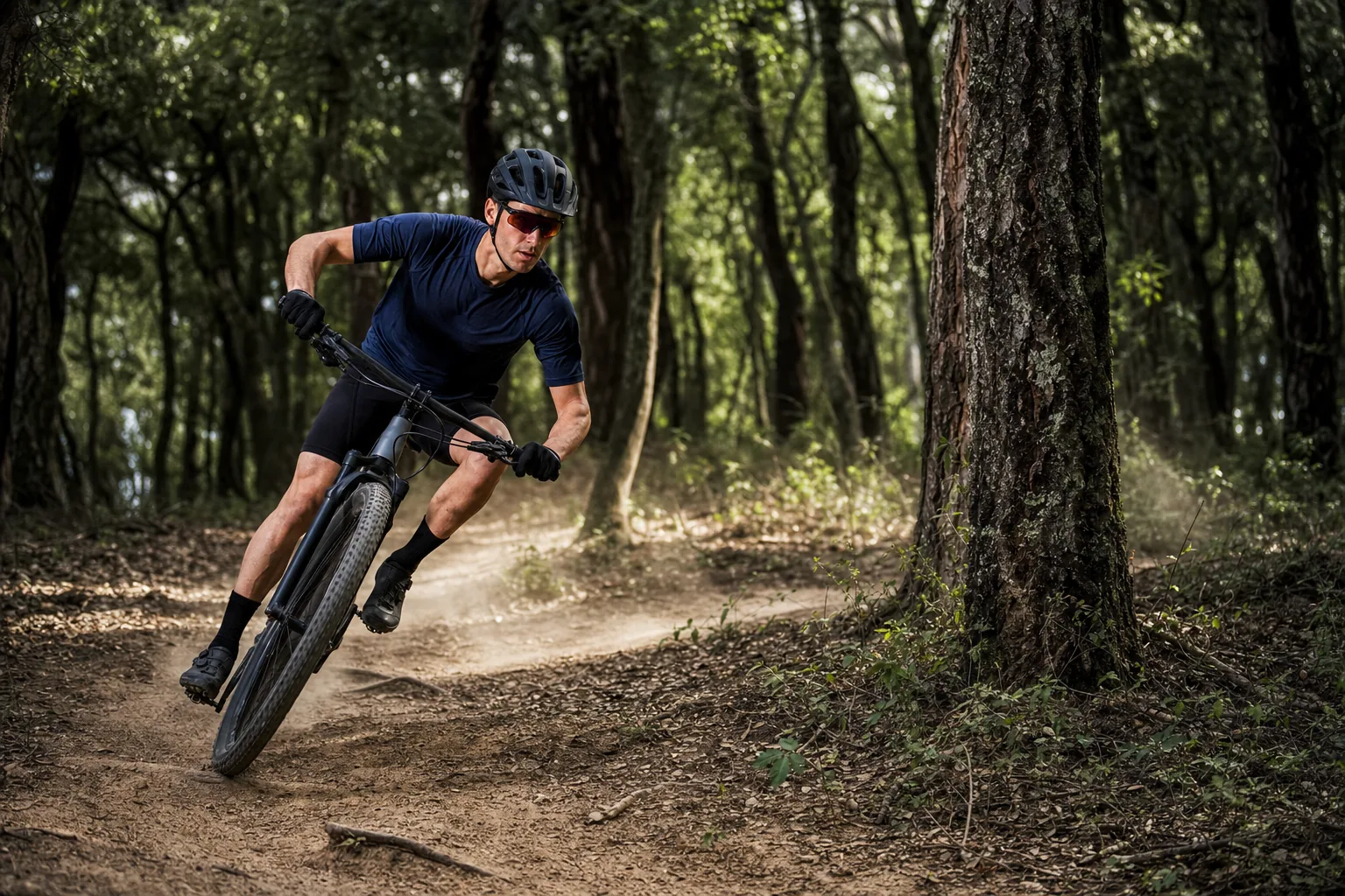 Freinage contrôlé en VTT XC avant un virage sur sentier