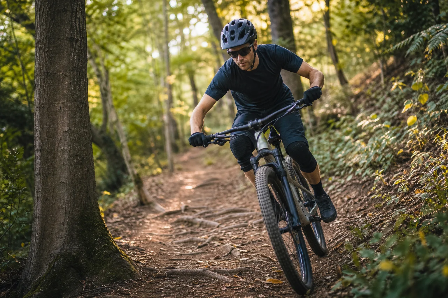 Pilote de VTT XC avec genouillères légères sur un sentier de cross-country