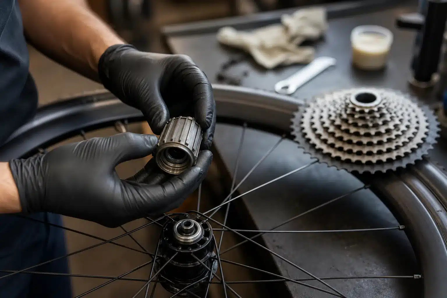 Mécanicien qui inspecte un corps de roue libre de VTT XC sur une roue arrière