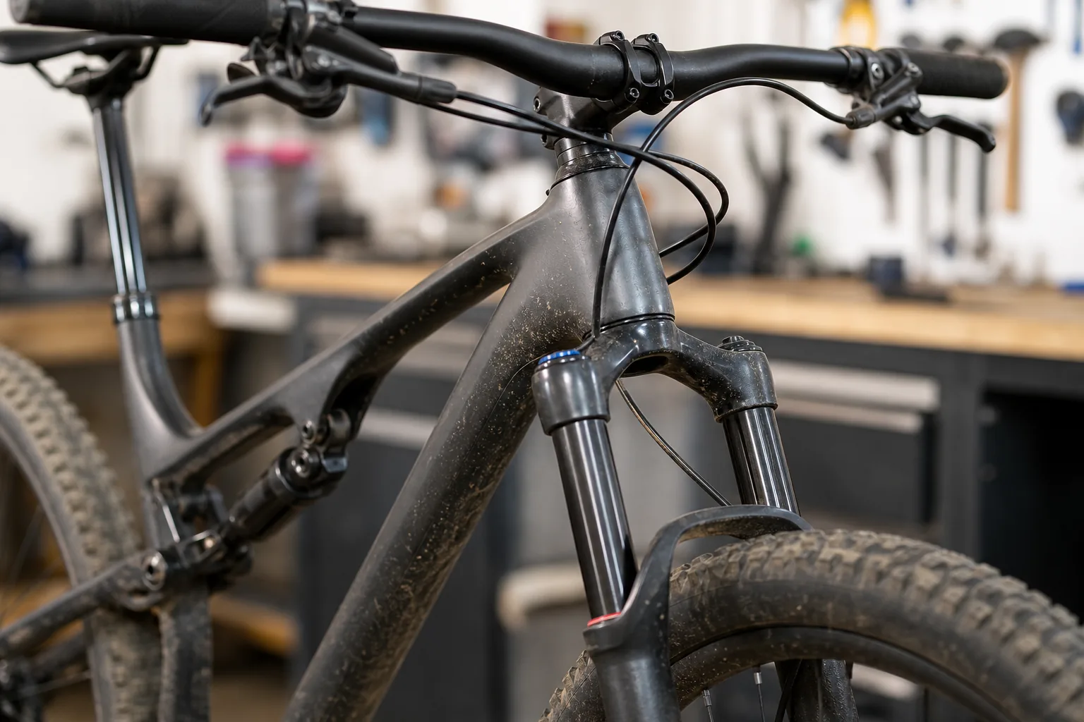 Gros plan sur la douille de direction et la fourche d’un VTT XC