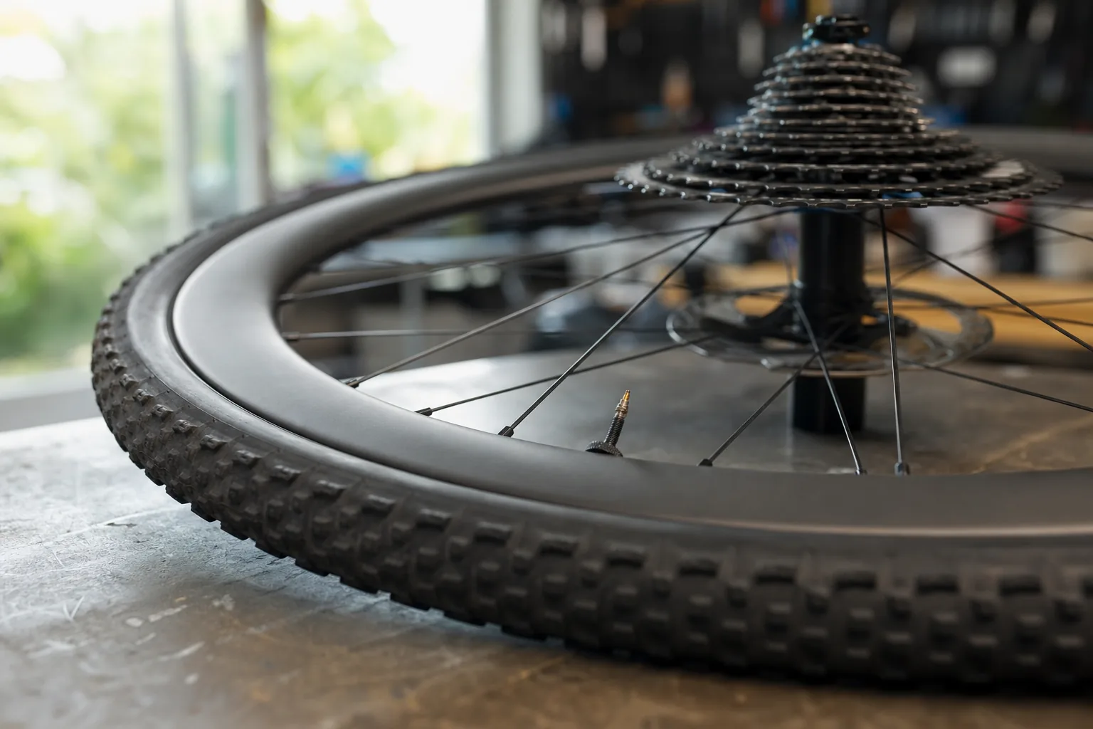 Roue de VTT XC avec jante tubeless large montée sur un pneu de cross-country