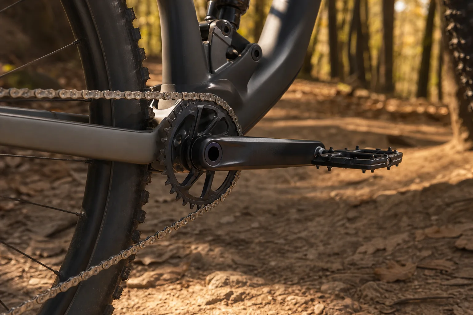 Gros plan sur les manivelles d’un VTT XC sur un sentier de cross-country