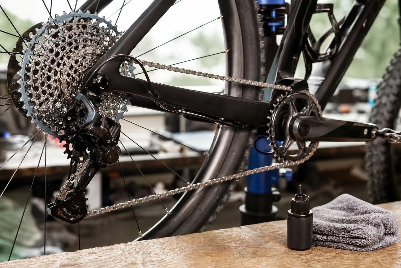Transmission de VTT XC avec lubrifiant chaîne en atelier