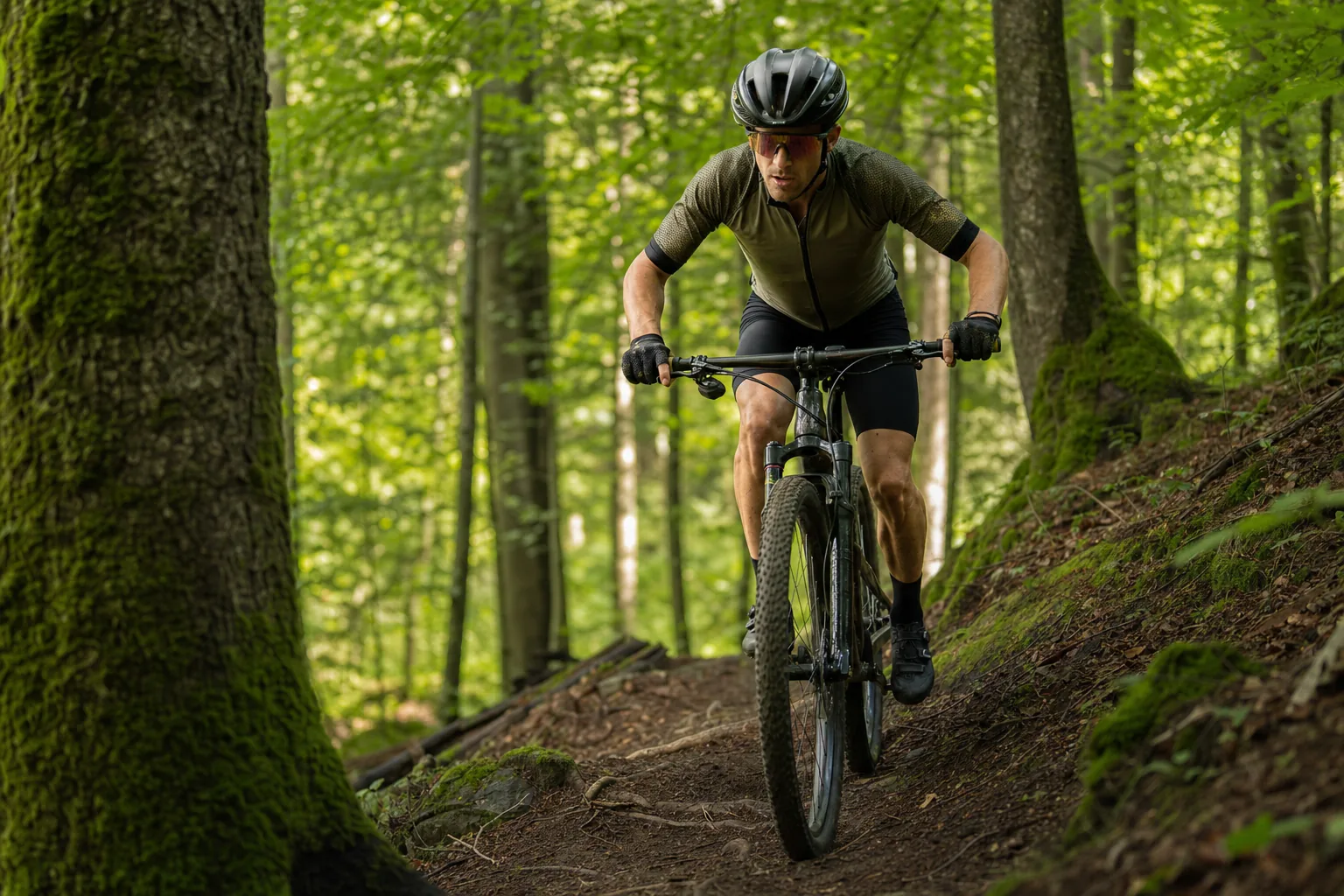 Pilote en maillot VTT XC respirant sur un single de cross-country