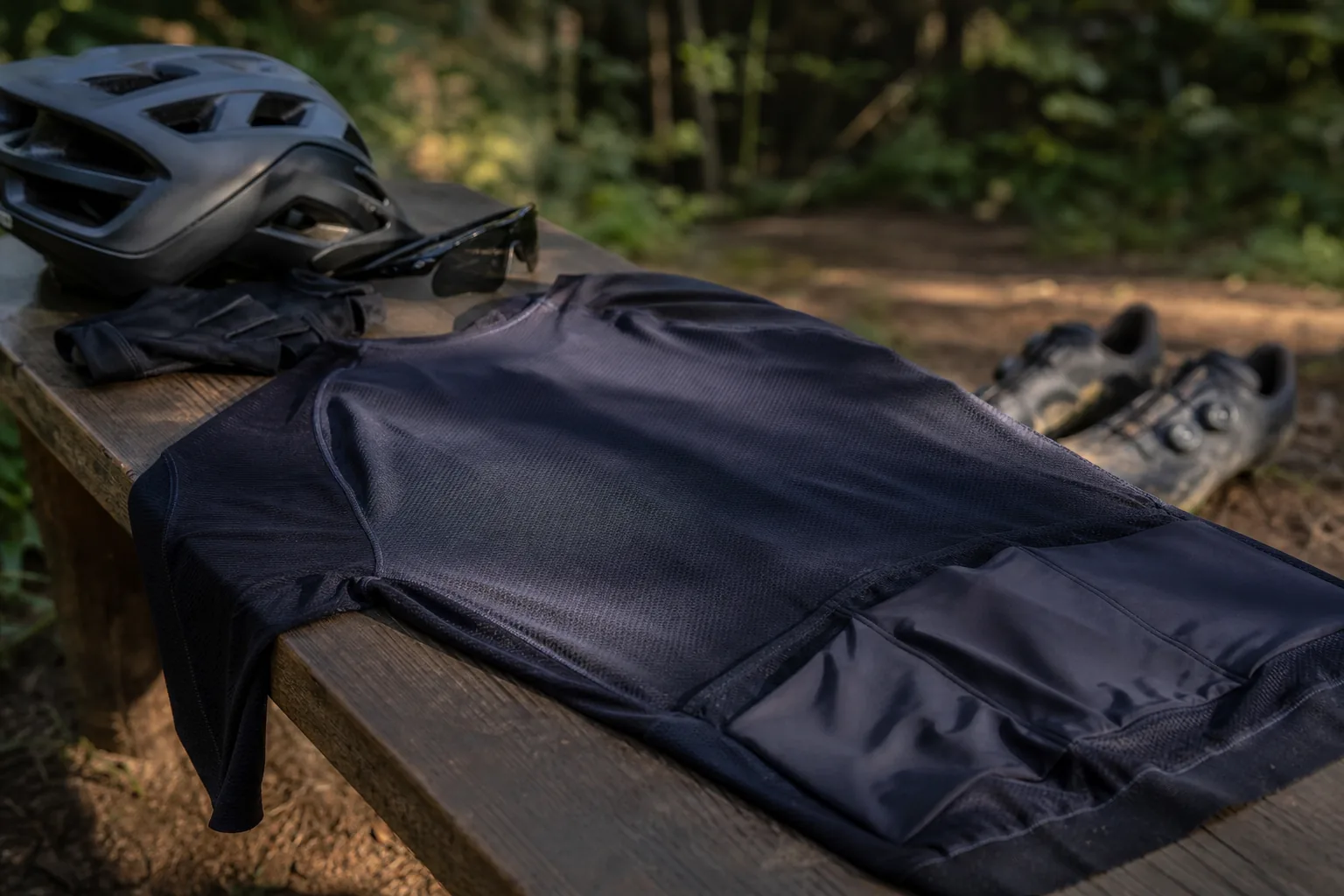 Maillot VTT XC posé avec casque lunettes et gants avant une sortie