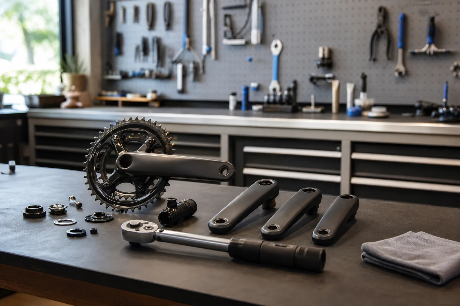 Manivelles de VTT XC et outils sur un établi avant montage