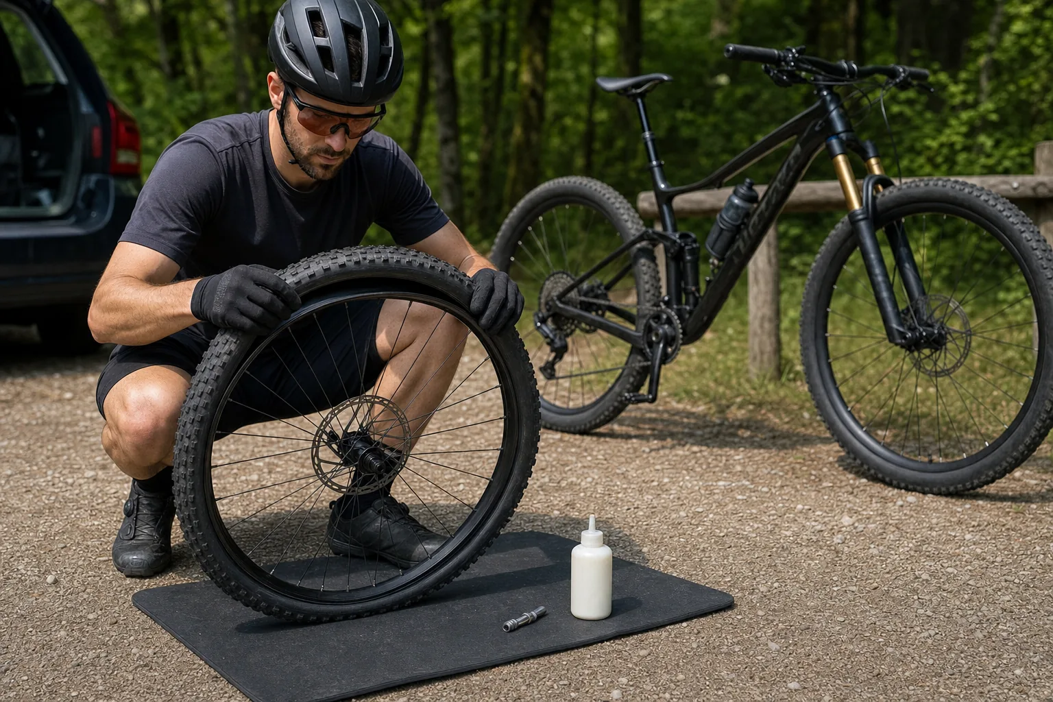 Préparation d’un pneu tubeless sur une roue de VTT XC