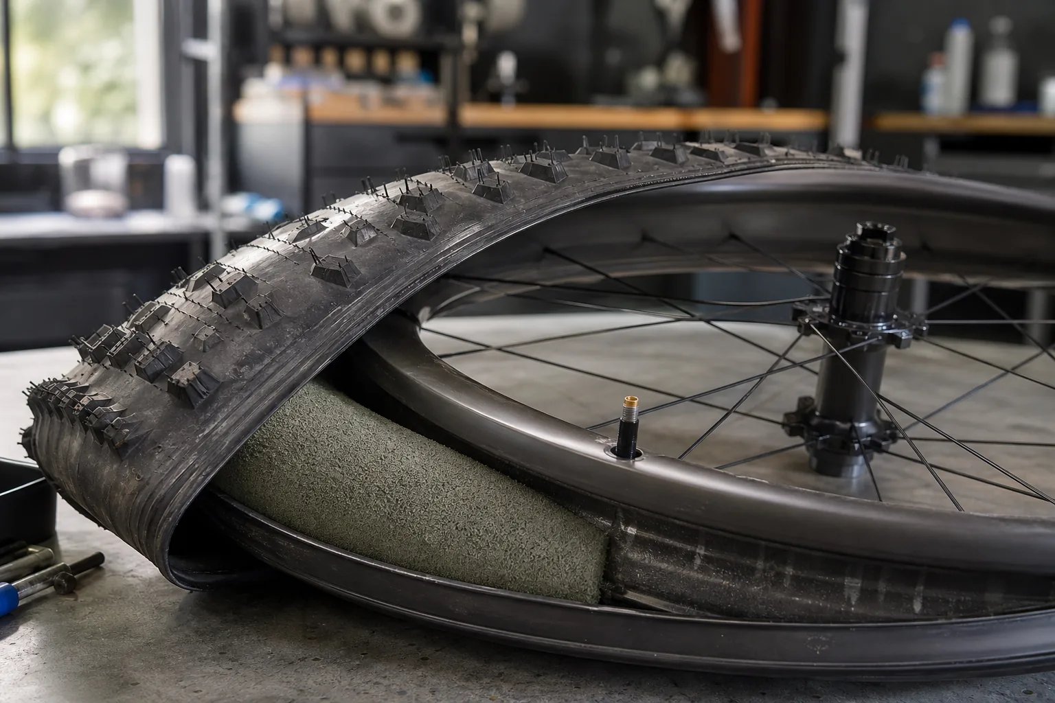 Mousse anti-pincement visible dans un pneu tubeless de VTT XC