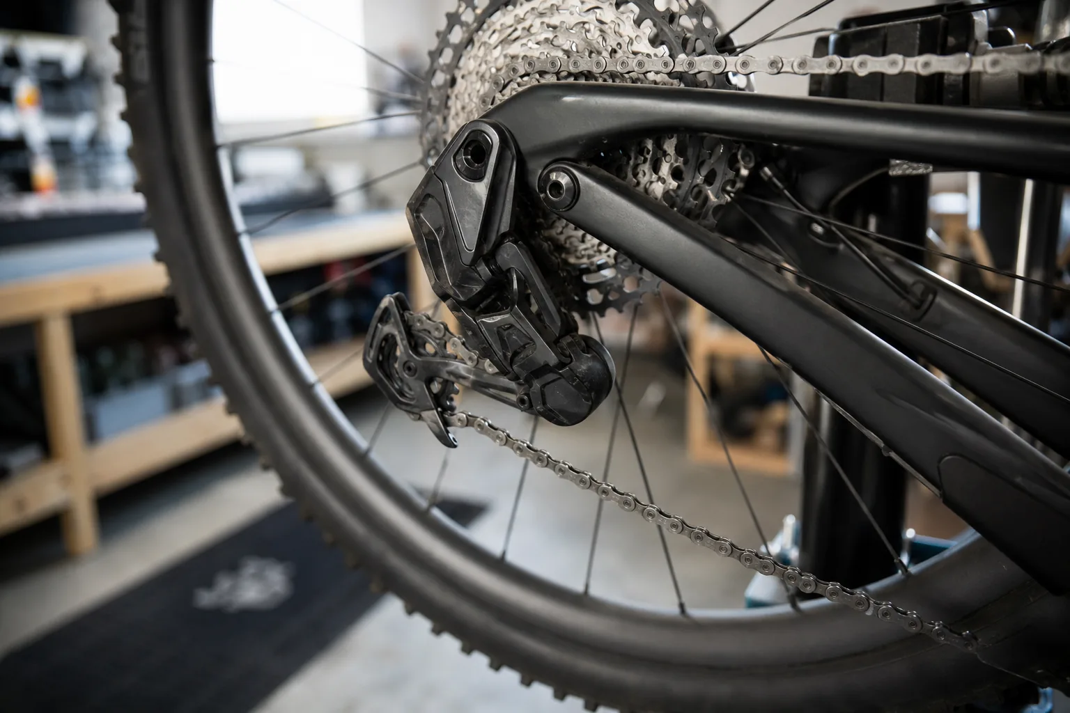 Patte de dérailleur sur un VTT XC en atelier