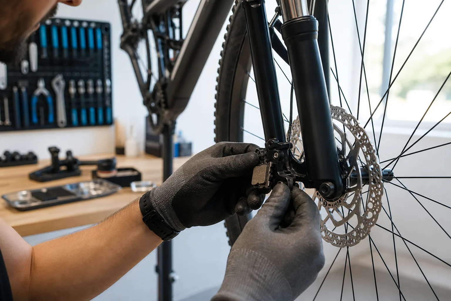 Changement de plaquettes de frein sur un VTT XC en atelier