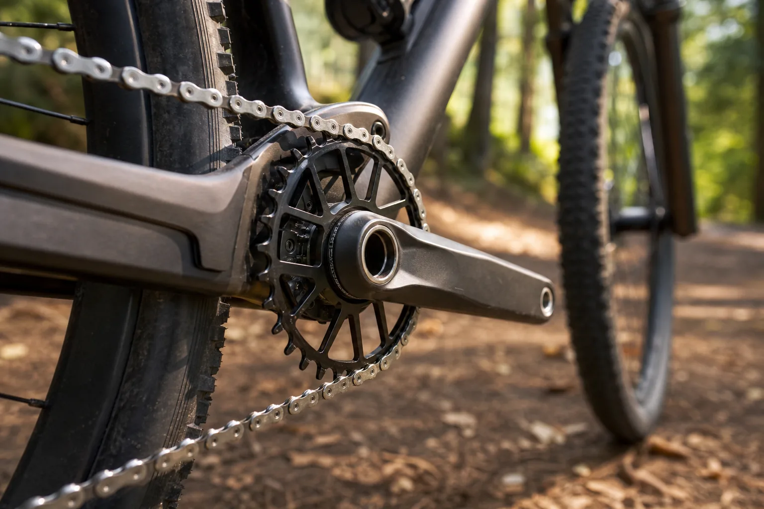 Plateau narrow-wide et chaîne sur un VTT XC posé sur un sentier