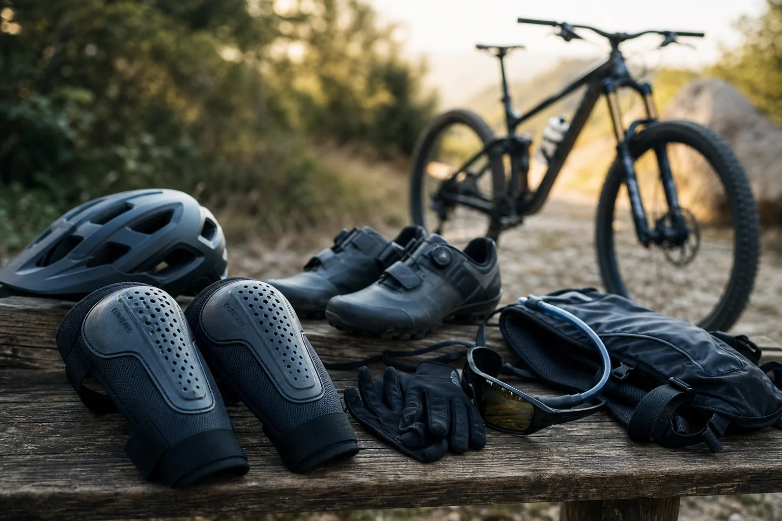 Genouillères légères et équipement VTT XC préparés avant une sortie