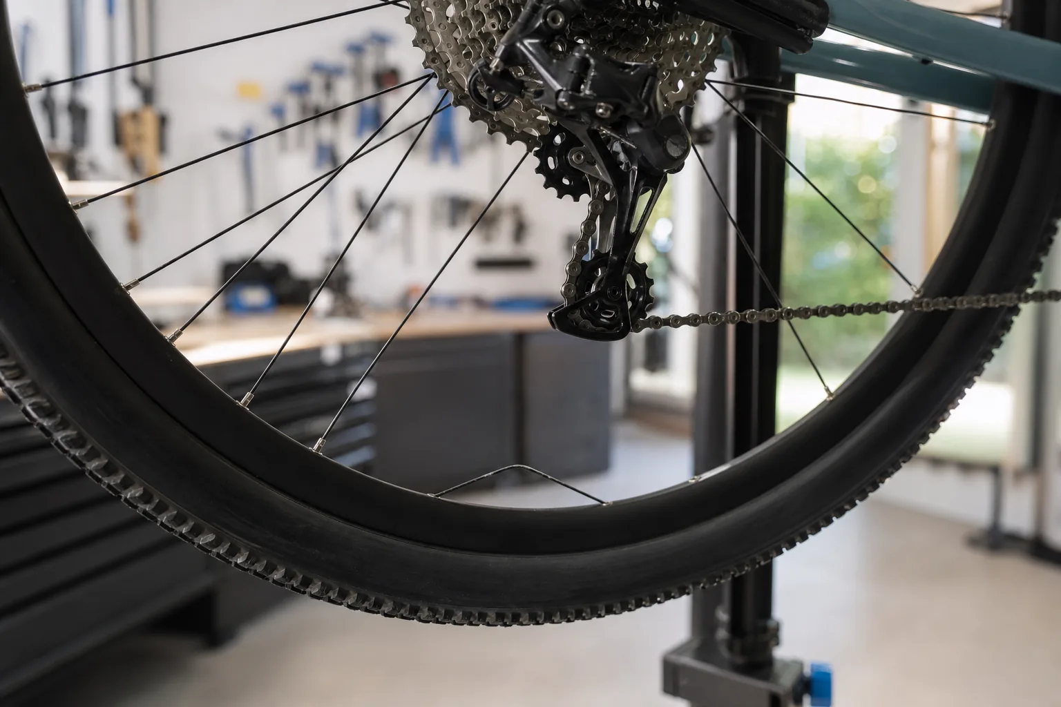 Rayon cassé sur une roue de VTT XC en atelier