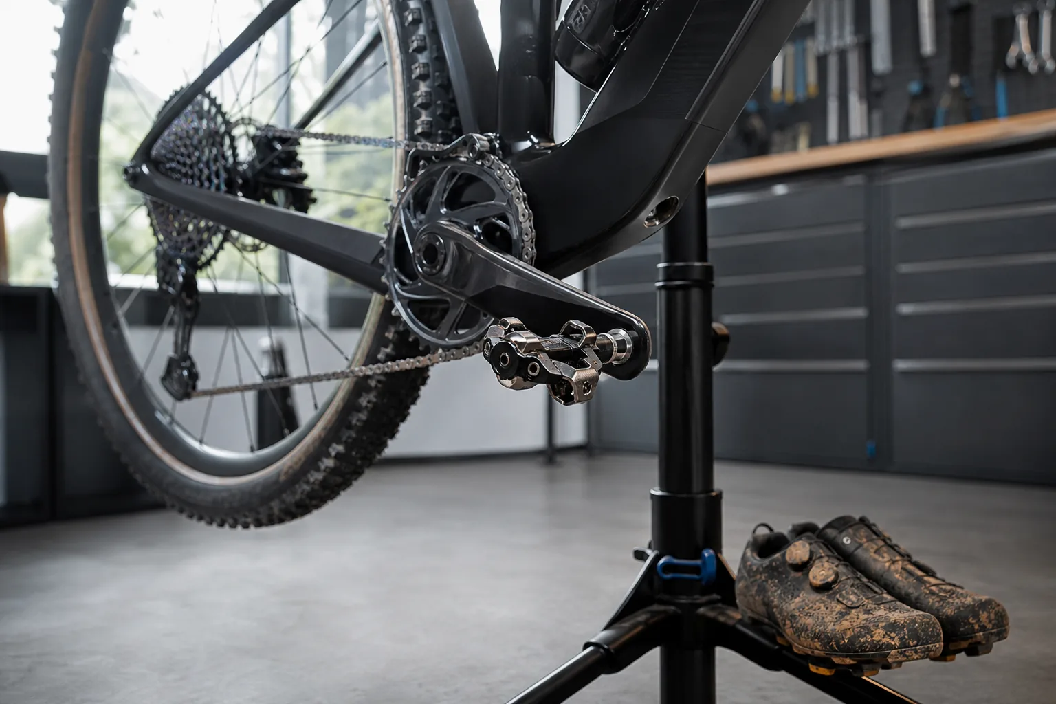 Pédales automatiques et chaussures de VTT XC sur un vélo en atelier