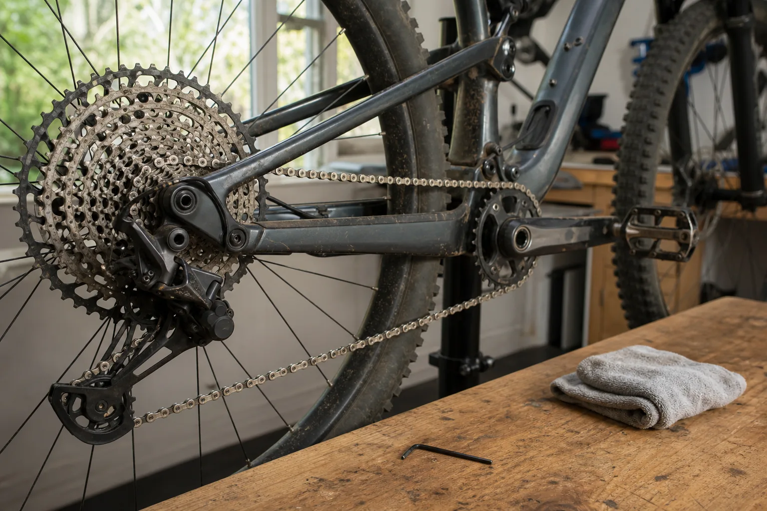 Réglage d’un dérailleur VTT 12 vitesses sur un vélo XC en atelier
