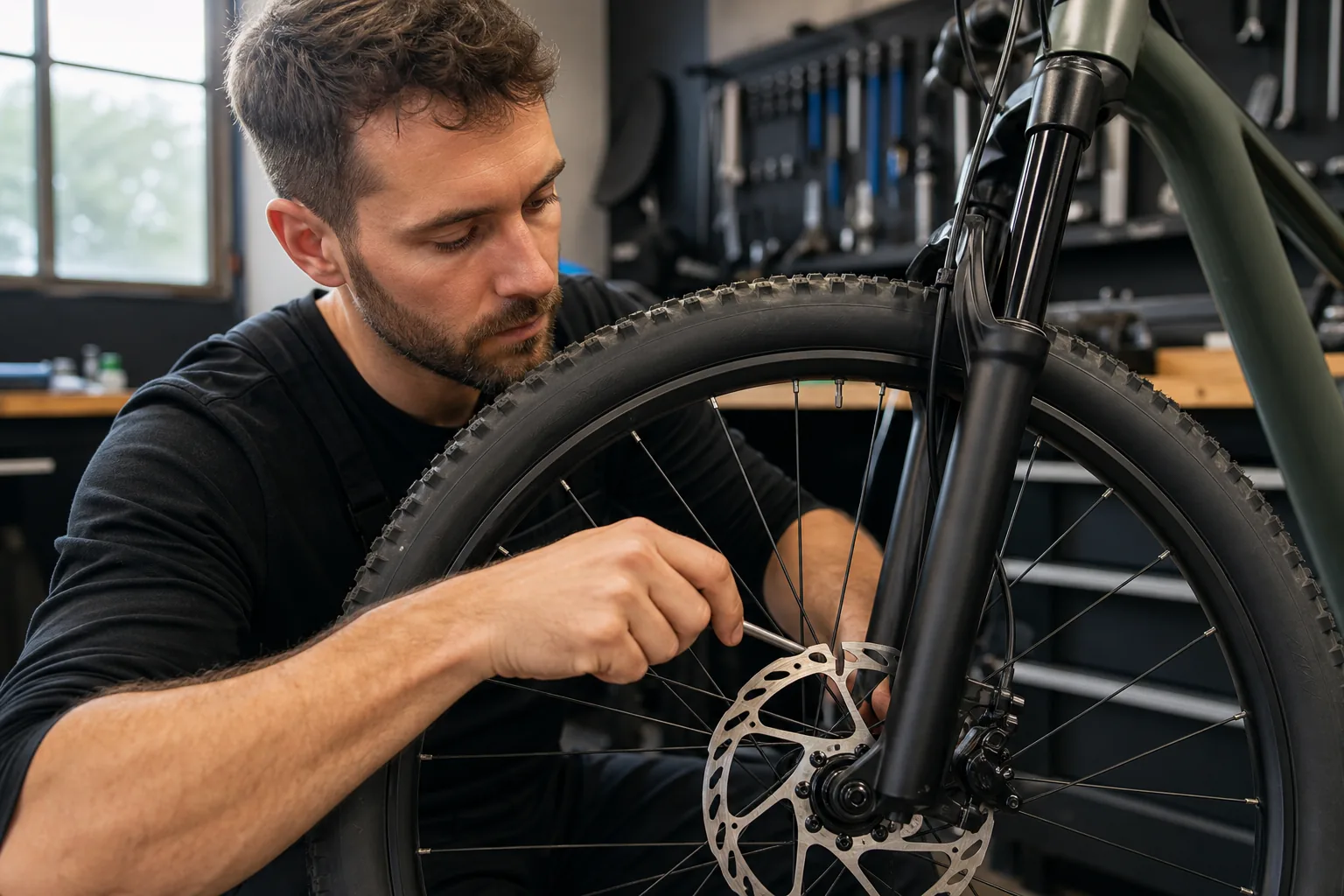 Réglage d’un étrier de frein à disque sur un VTT XC en atelier