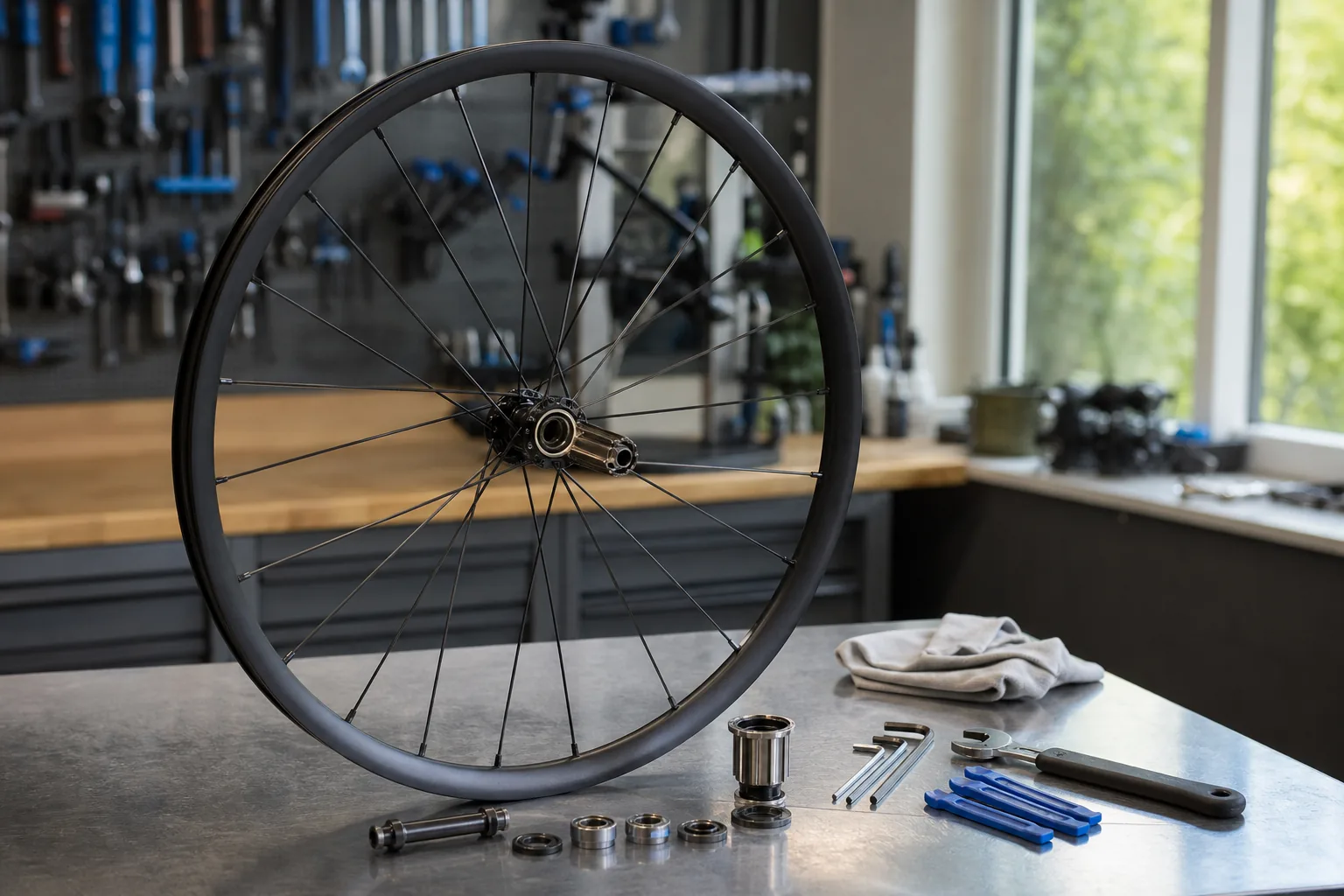 Roue de VTT XC démontée avec moyeu et roulements visibles en atelier