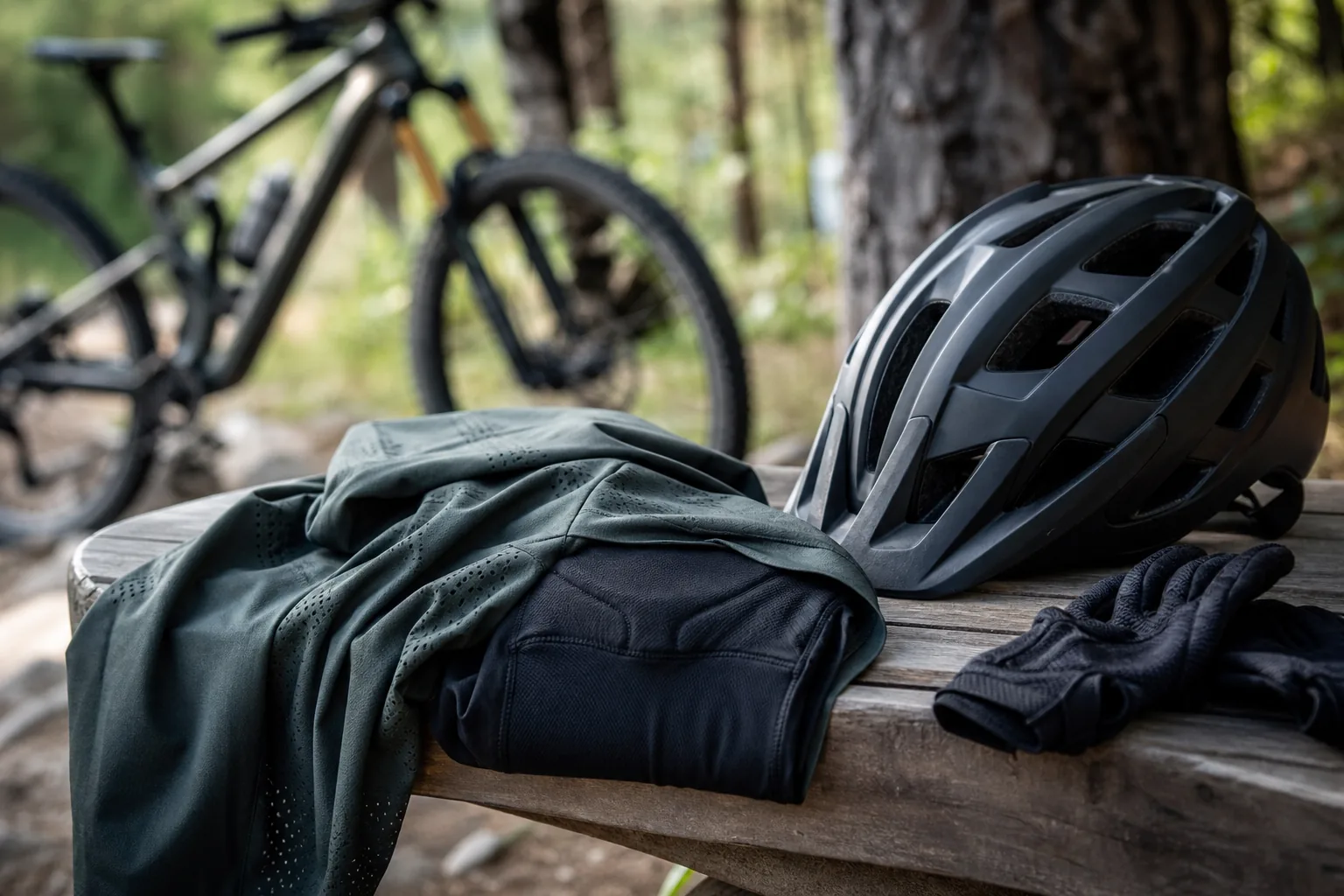 Short VTT XC léger avec équipement posé avant une sortie