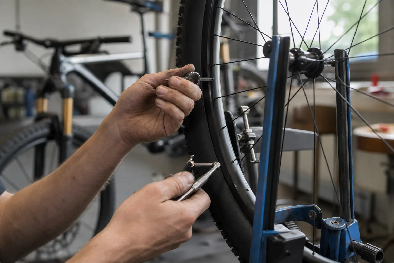 Contrôle de la tension des rayons sur une roue de VTT XC