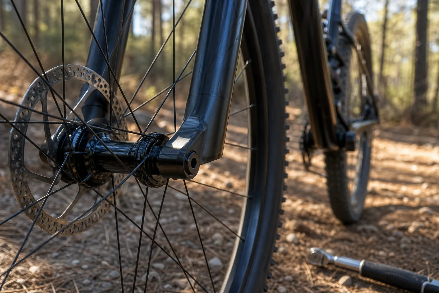 Axe traversant de roue avant sur un VTT XC carbone