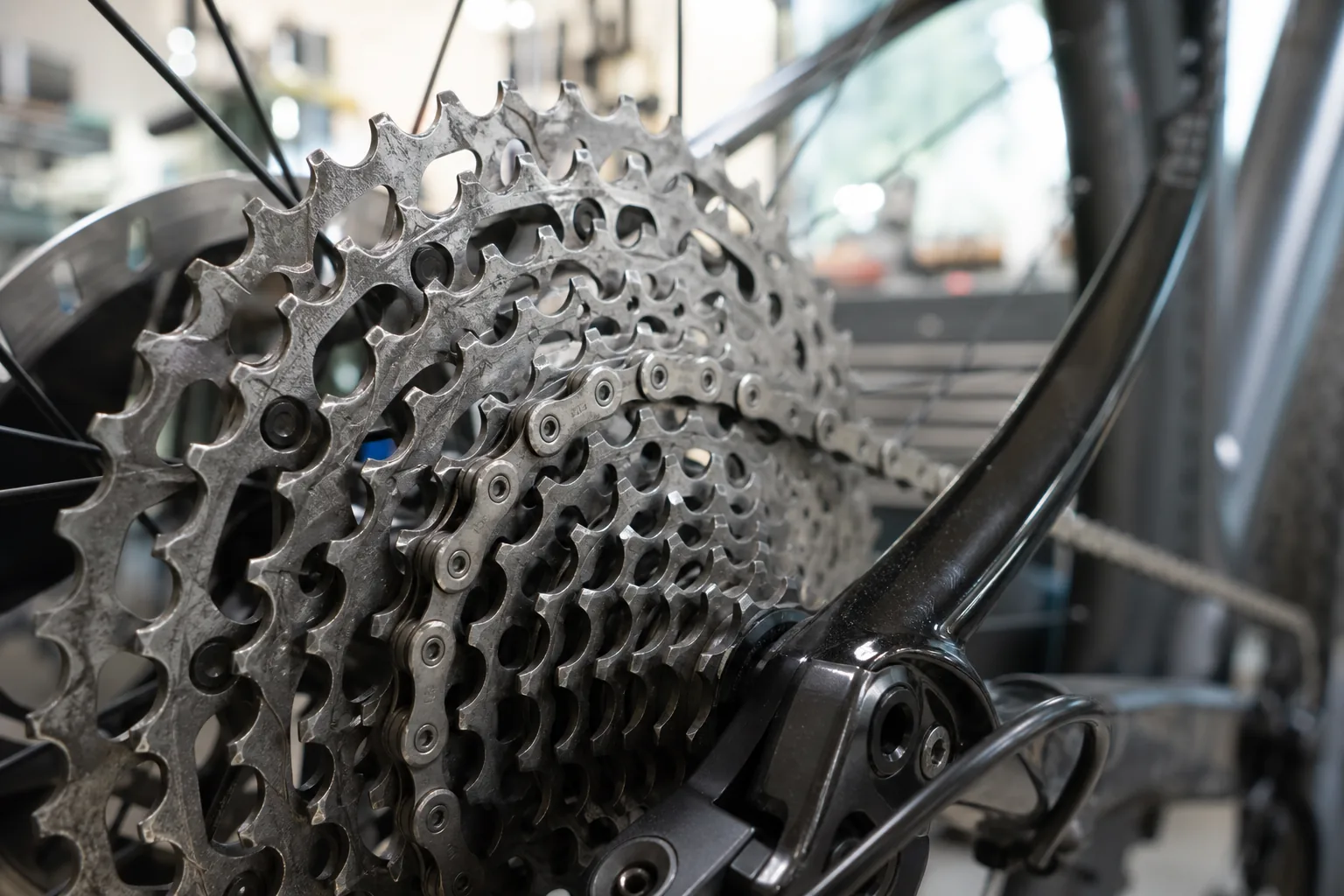 Cassette 12 vitesses usée sur une roue arrière de VTT XC