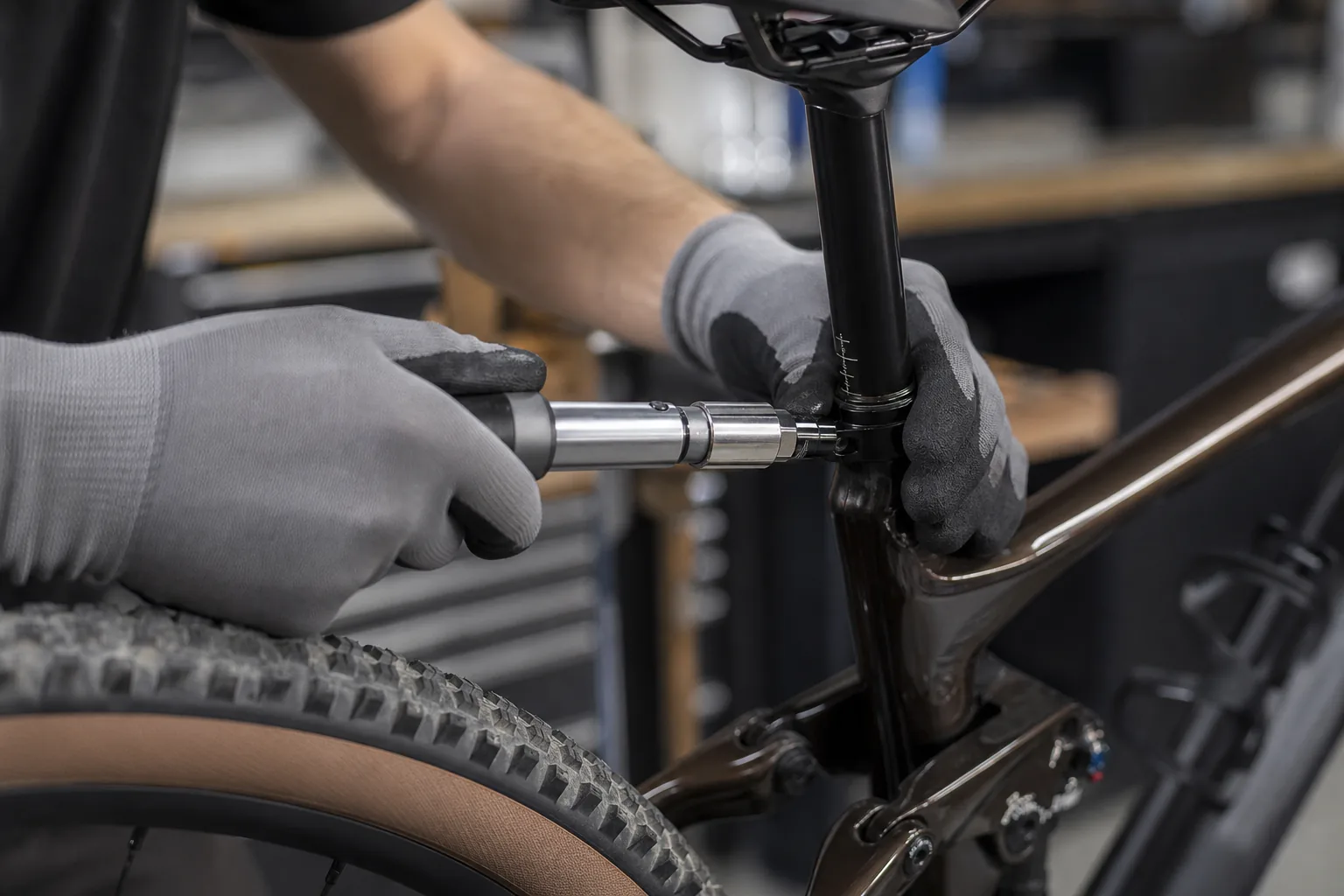 Contrôle du serrage d'un collier de selle VTT XC avec une clé dynamométrique