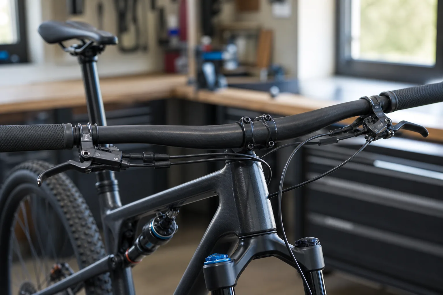 Commande de blocage de fourche sur un guidon de VTT XC