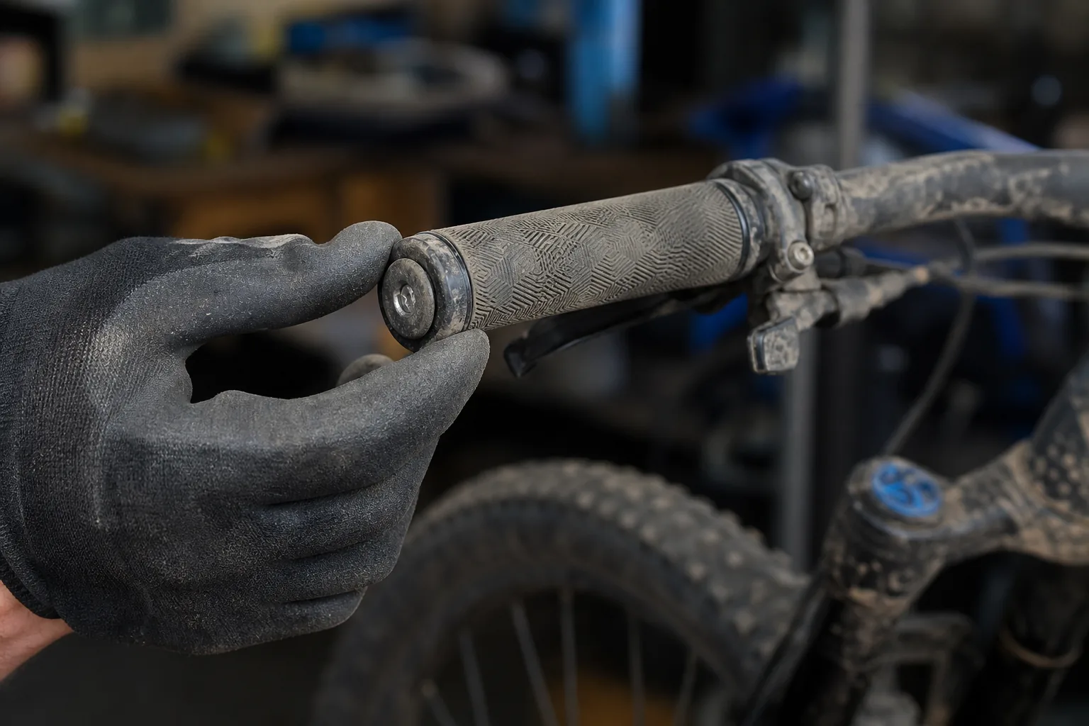 Vérification d'un embout de cintre sur un VTT XC en atelier