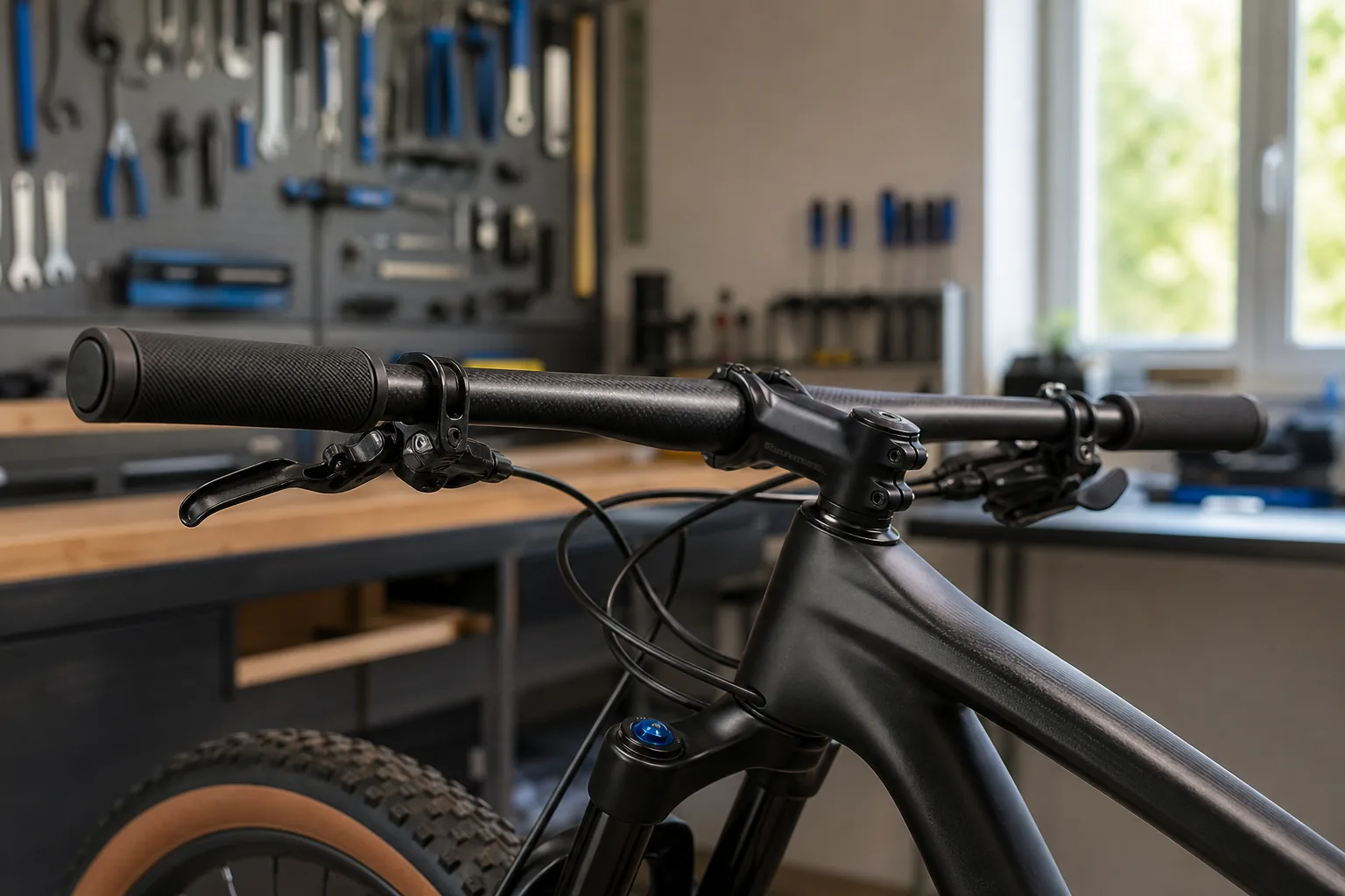 Embout de cintre monté sur un VTT XC en atelier