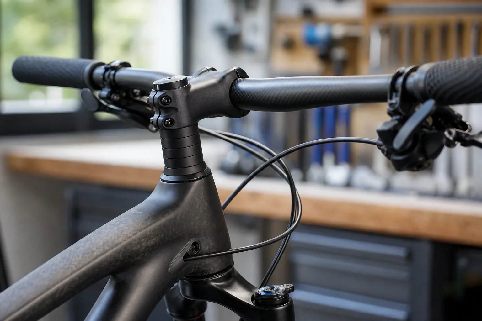 Entretoises de direction sous la potence d'un VTT XC en atelier