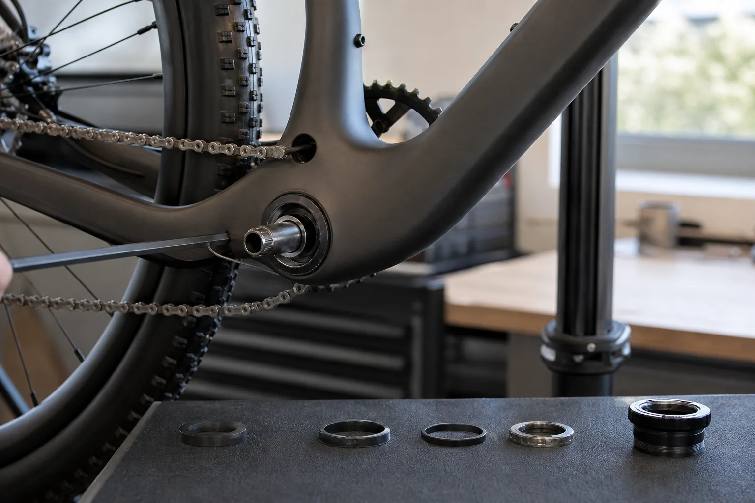 Entretoises de pédalier et boîtier sur un VTT XC
