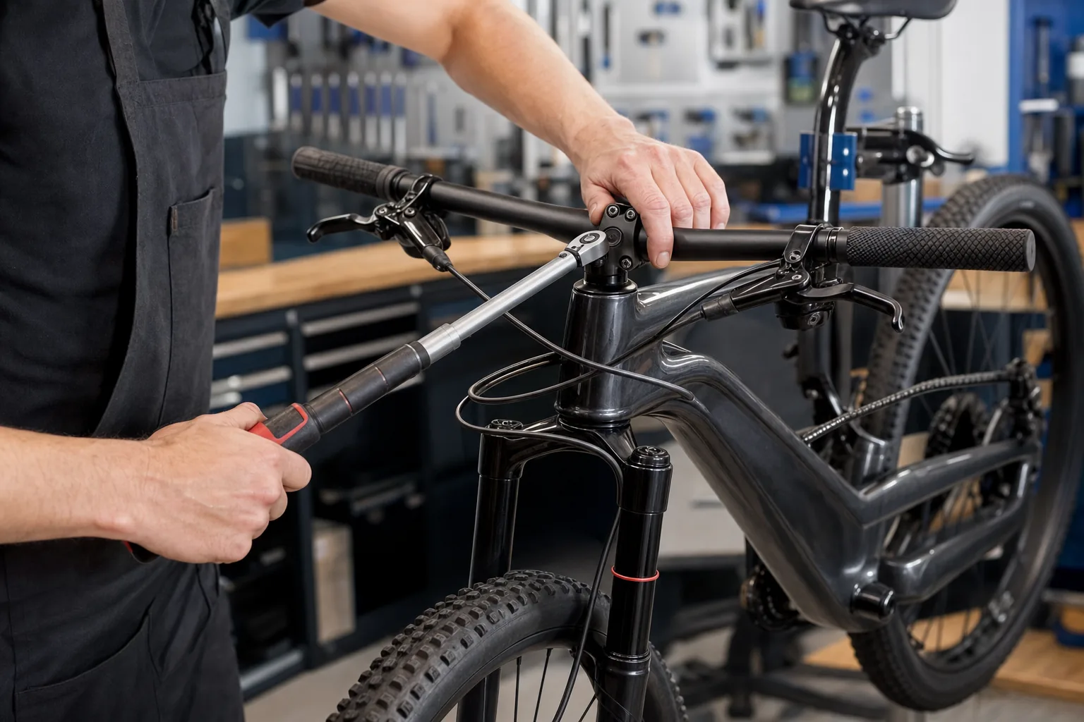 Contrôle de la précharge du jeu de direction sur un VTT XC en atelier