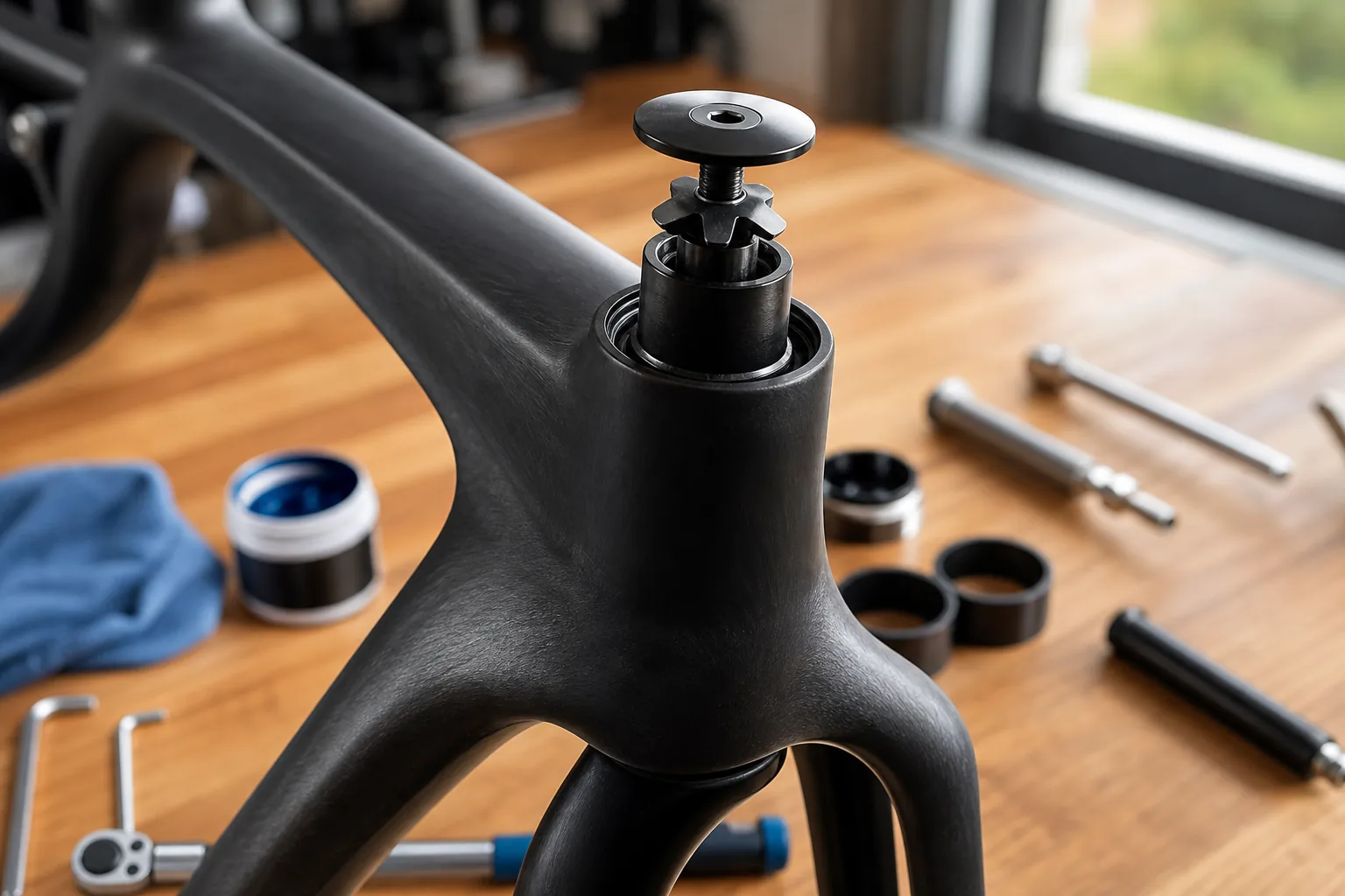 Étoile de direction et pivot de fourche sur un VTT XC