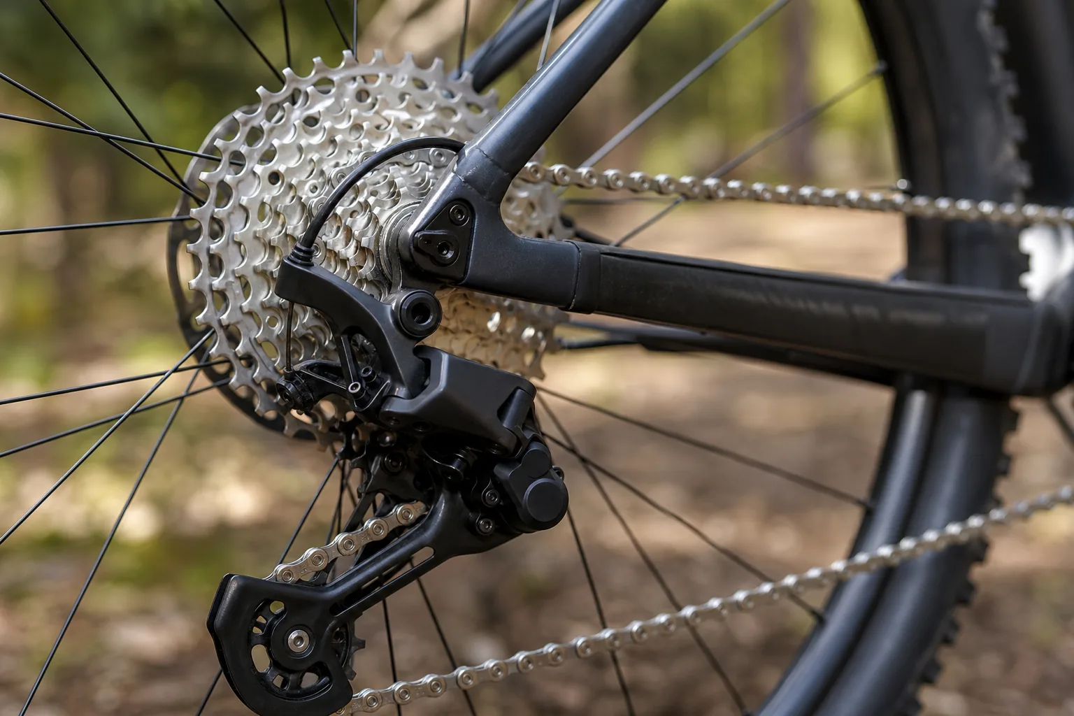 Gaine de dérailleur VTT XC et câble de transmission sur un vélo d'atelier