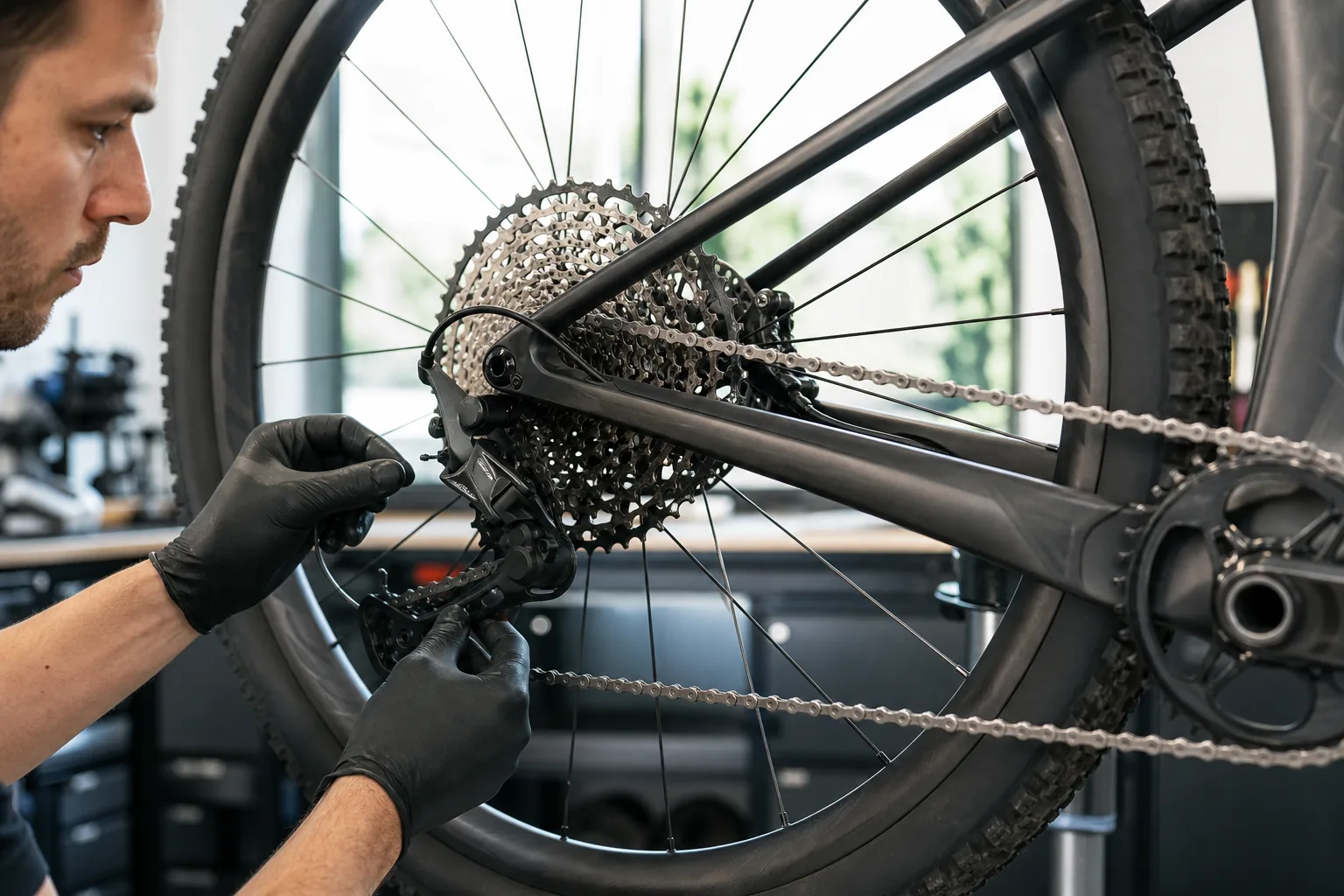 Gaine de dérailleur VTT XC contrôlée sur un vélo d'atelier