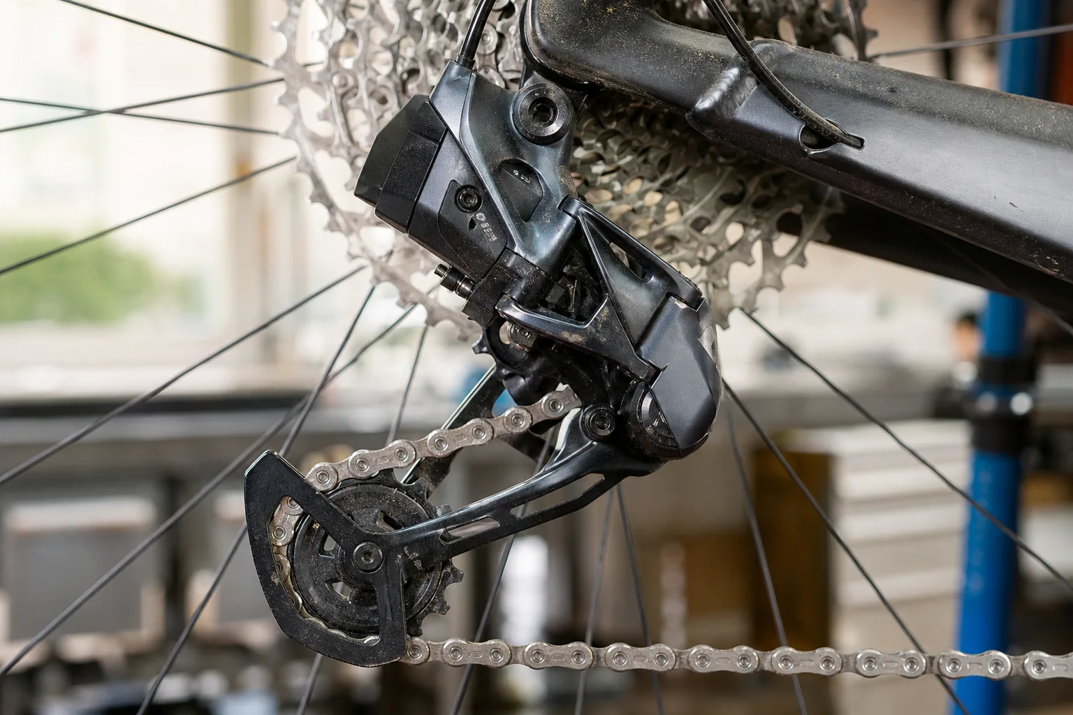 Galets de dérailleur visibles sur une transmission de VTT XC