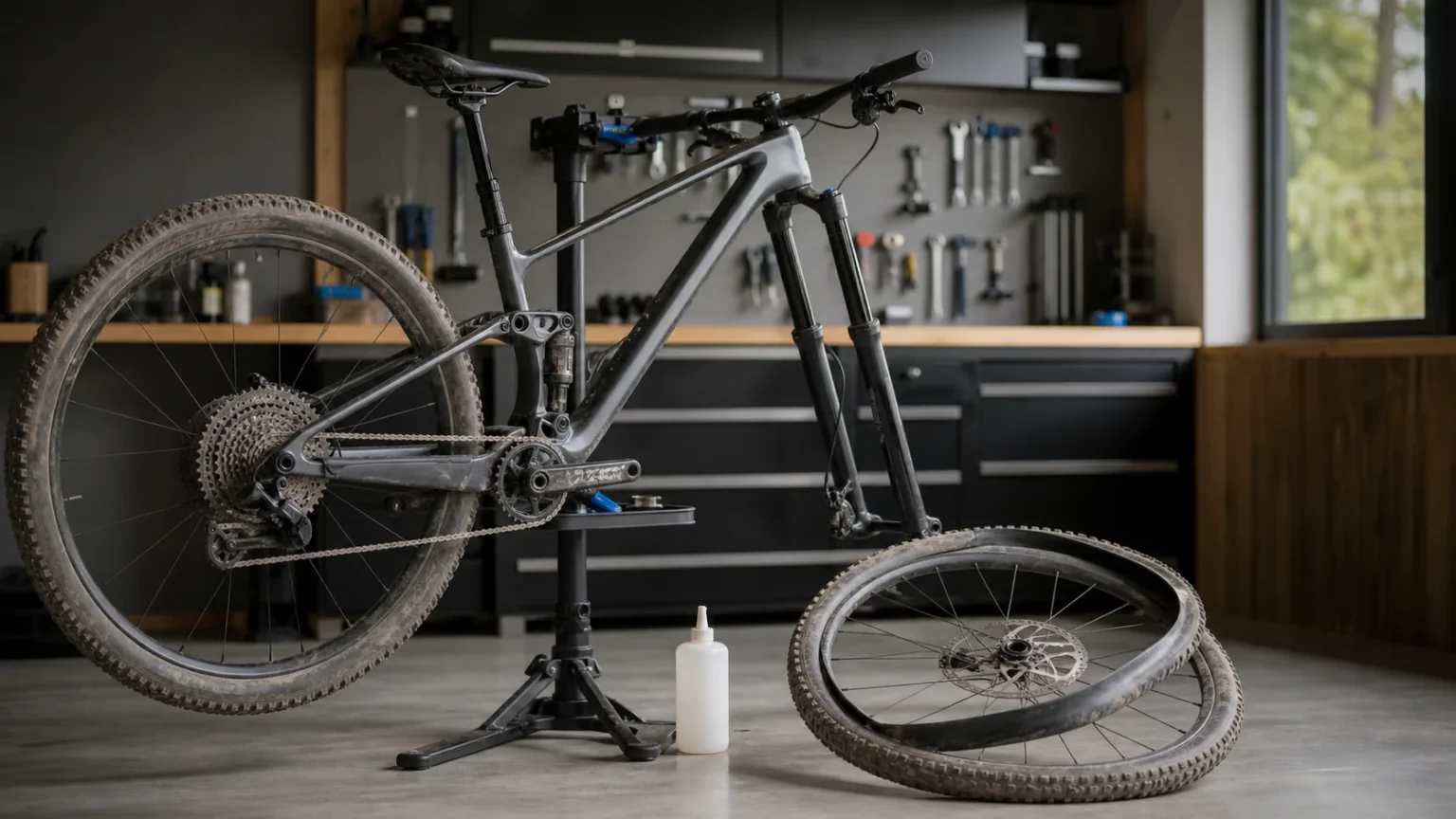 Liquide préventif tubeless VTT préparé pour une roue XC