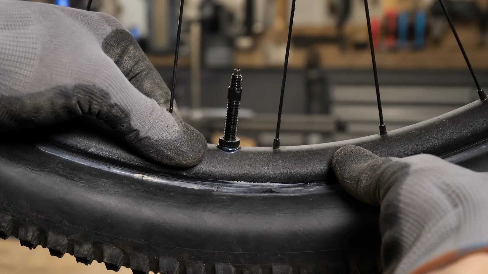 Liquide préventif tubeless VTT visible près d'une valve sur un pneu XC