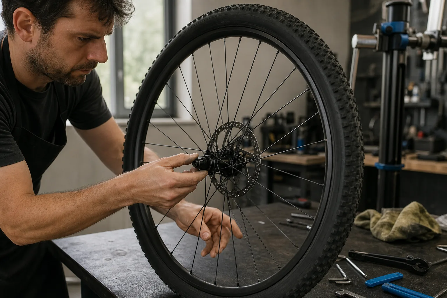 Contrôle du jeu d'un moyeu de roue VTT XC sur un établi