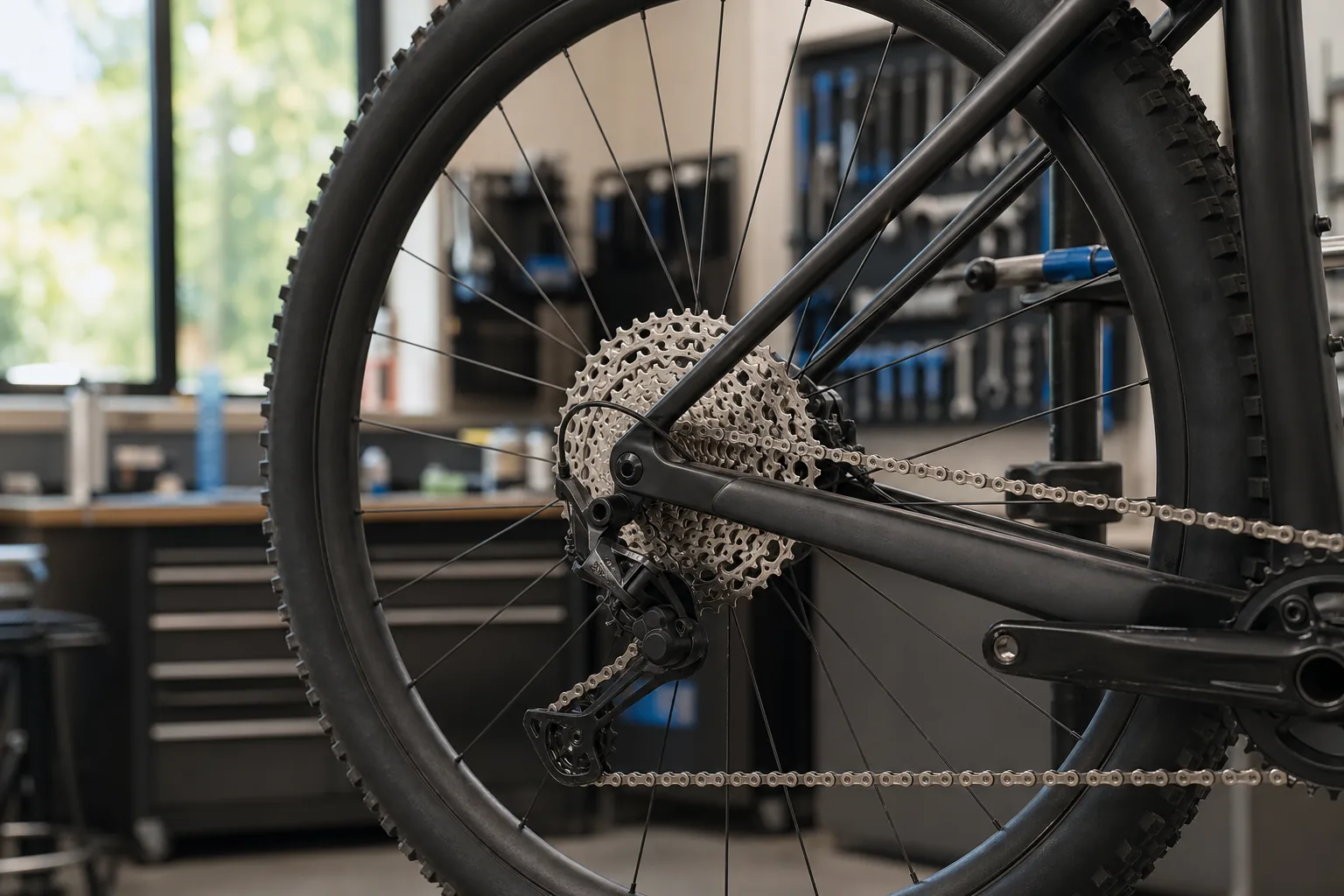 Moyeu arrière d'une roue de VTT XC sur un pied d'atelier