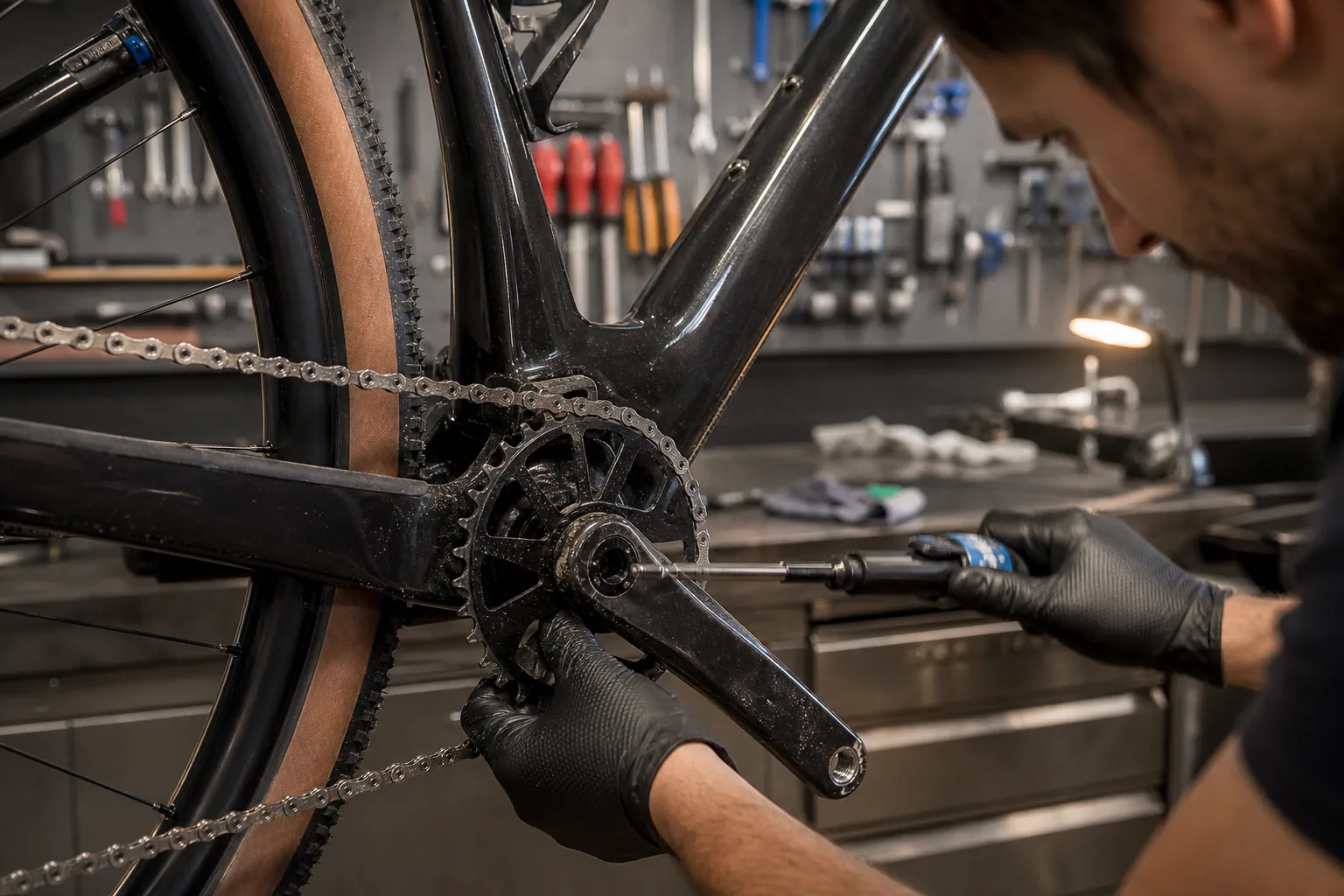 Contrôle d'un pédalier de VTT XC qui craque sur un pied d'atelier