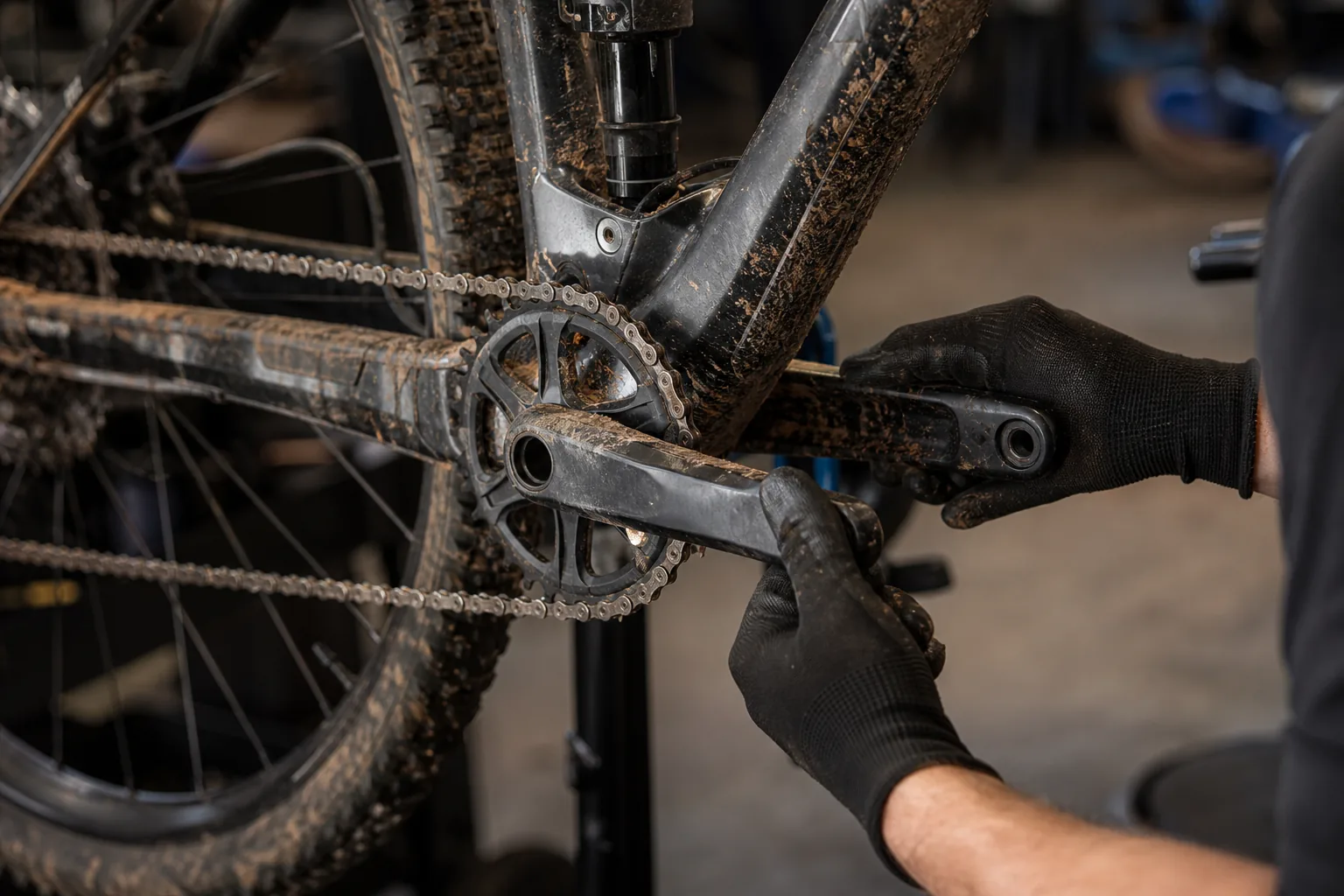 Pédalier de VTT XC contrôlé sur pied d'atelier après un craquement