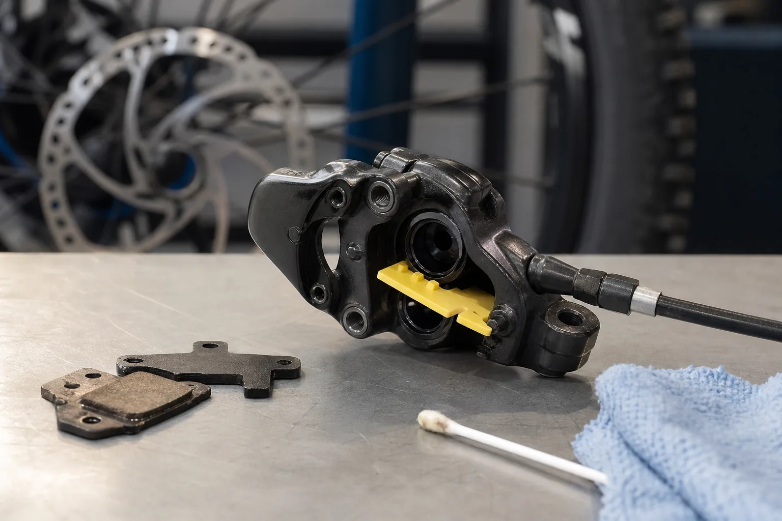 Contrôle des pistons d'un étrier de frein VTT XC avec plaquettes retirées