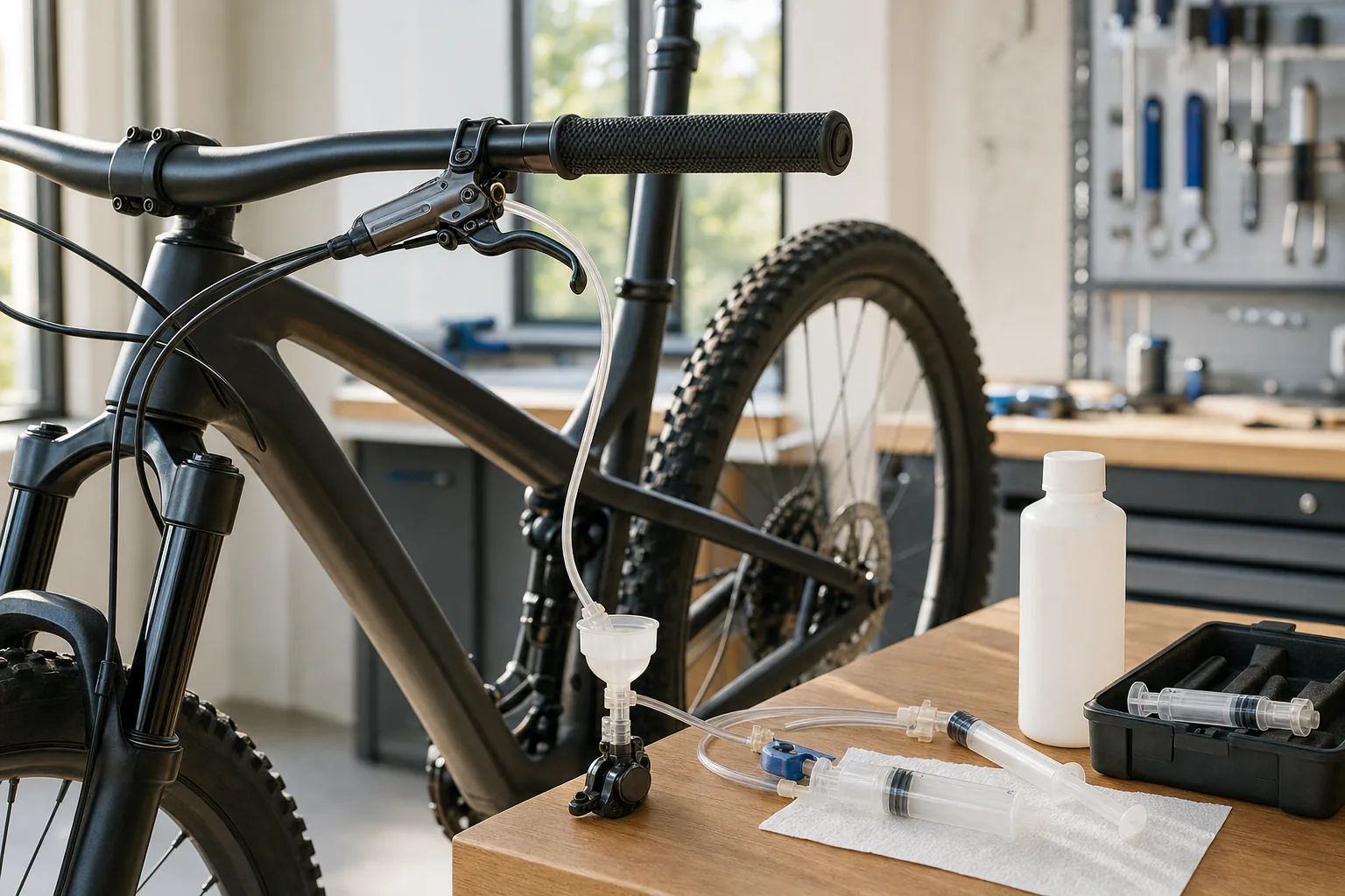 Kit de purge et frein hydraulique sur un VTT XC en atelier