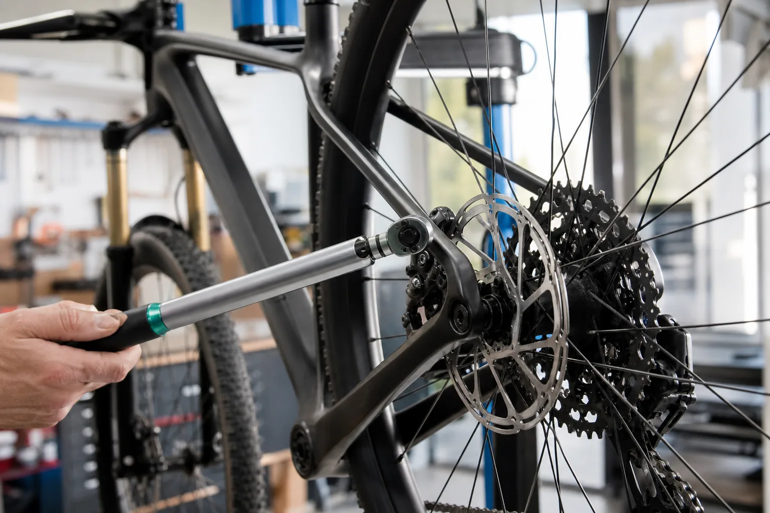 Serrage d'un étrier de frein à disque sur un VTT XC