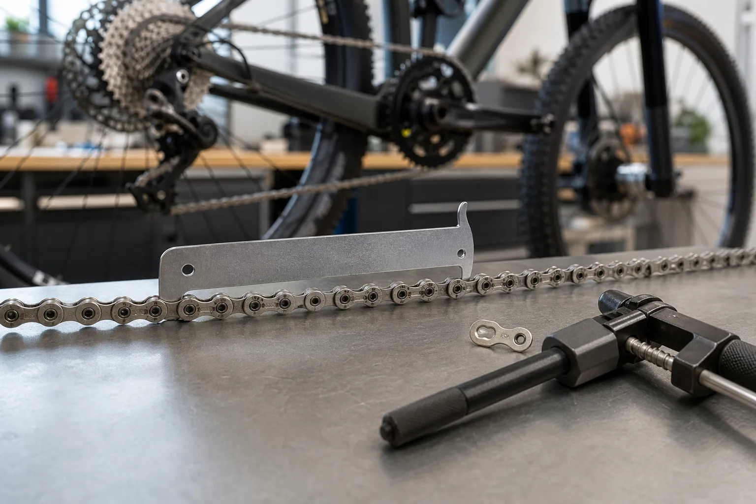 Outil de contrôle d’usure posé sur une chaîne de VTT 12 vitesses