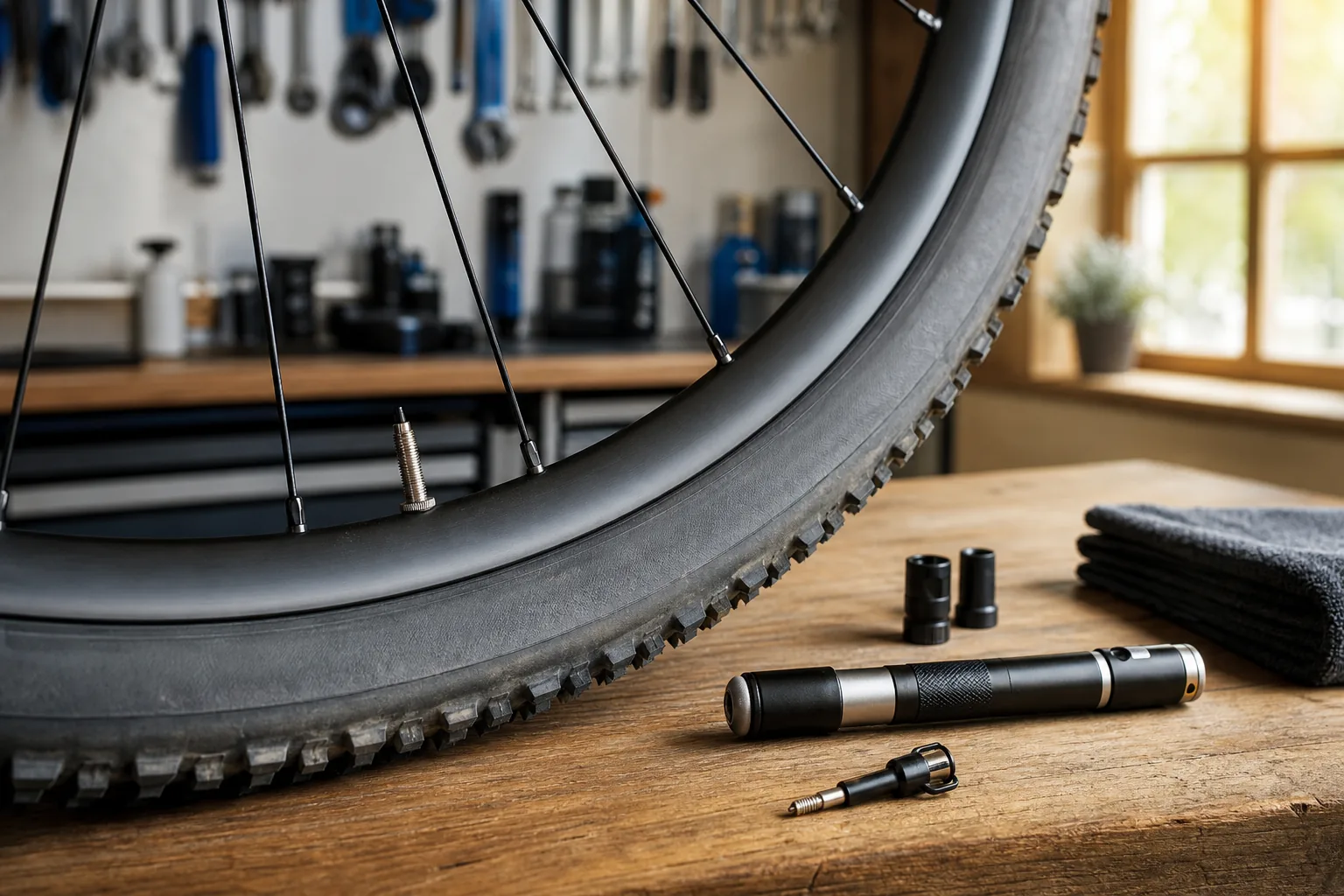 Valve tubeless sur une roue de VTT XC en atelier